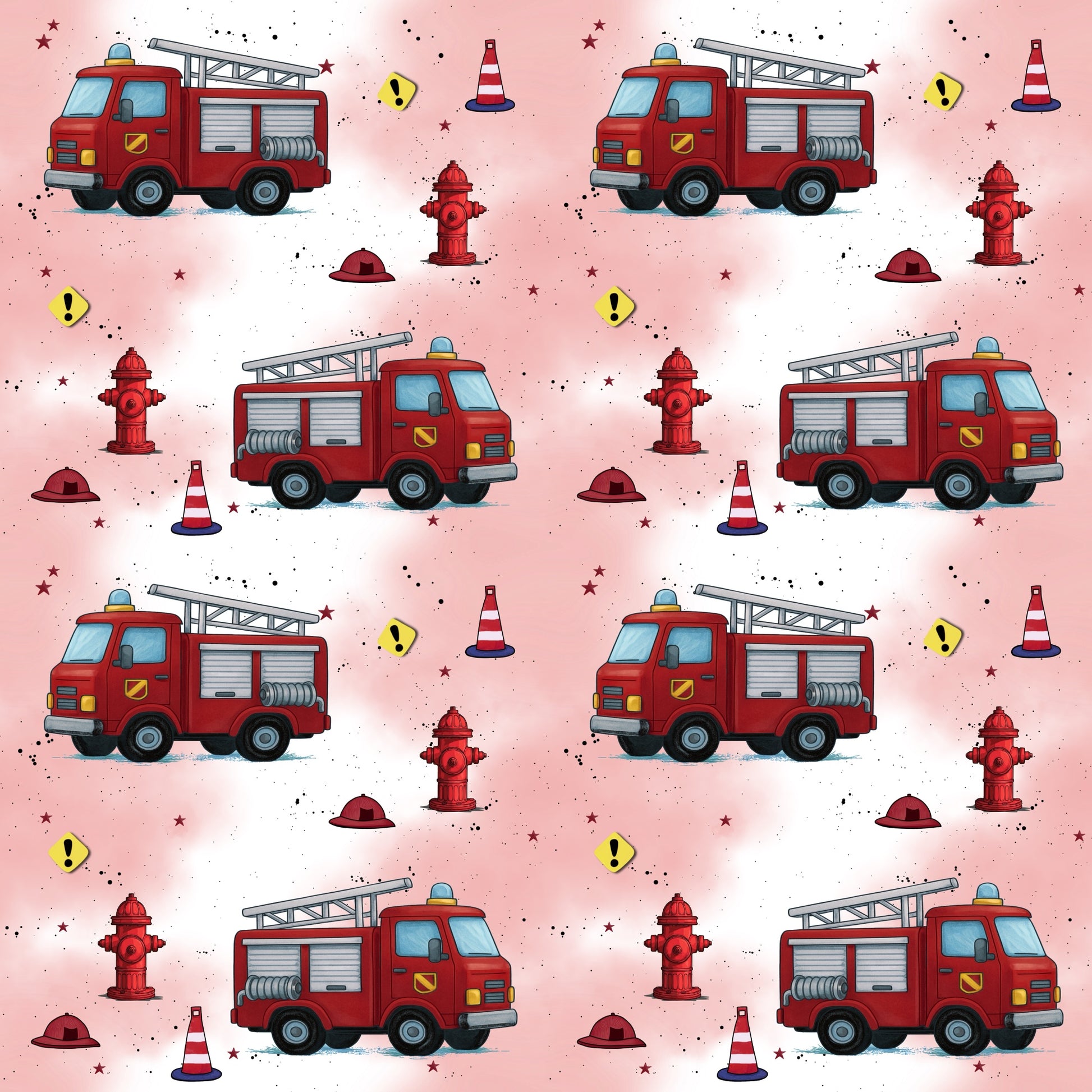 Wiederholendes Feuerwehrmuster mit Löschfahrzeugen und Einsatzsymbolen auf hellrotem Hintergrund – Design „Feuerwehr Crew“.