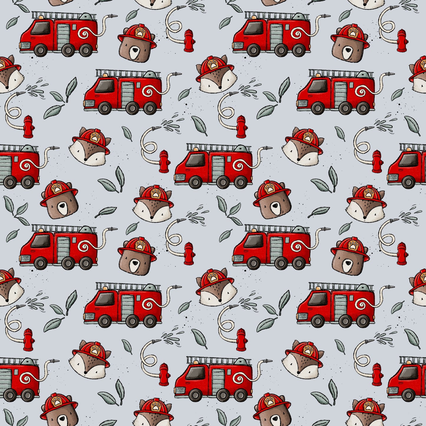 Nahtlos wiederholendes Muster „Fire Crew“ – niedliche Feuerwehr-Bären und Füchse mit Helmen, Feuerwehrautos und Hydranten in Rot- und Grautönen