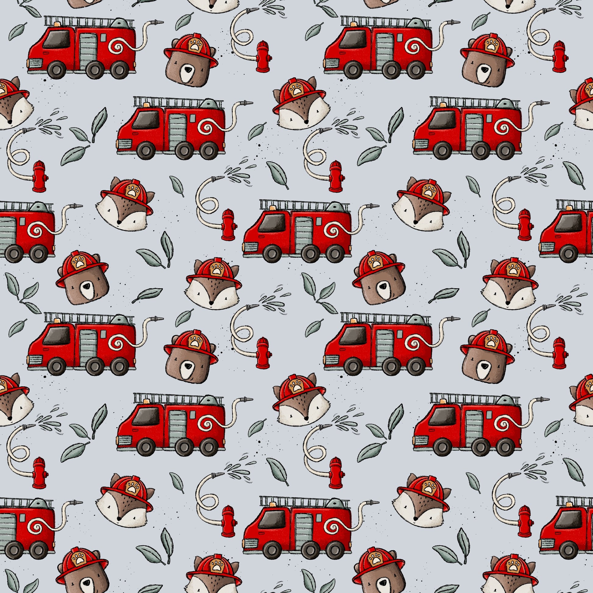 Nahtlos wiederholendes Muster „Fire Crew“ – niedliche Feuerwehr-Bären und Füchse mit Helmen, Feuerwehrautos und Hydranten in Rot- und Grautönen