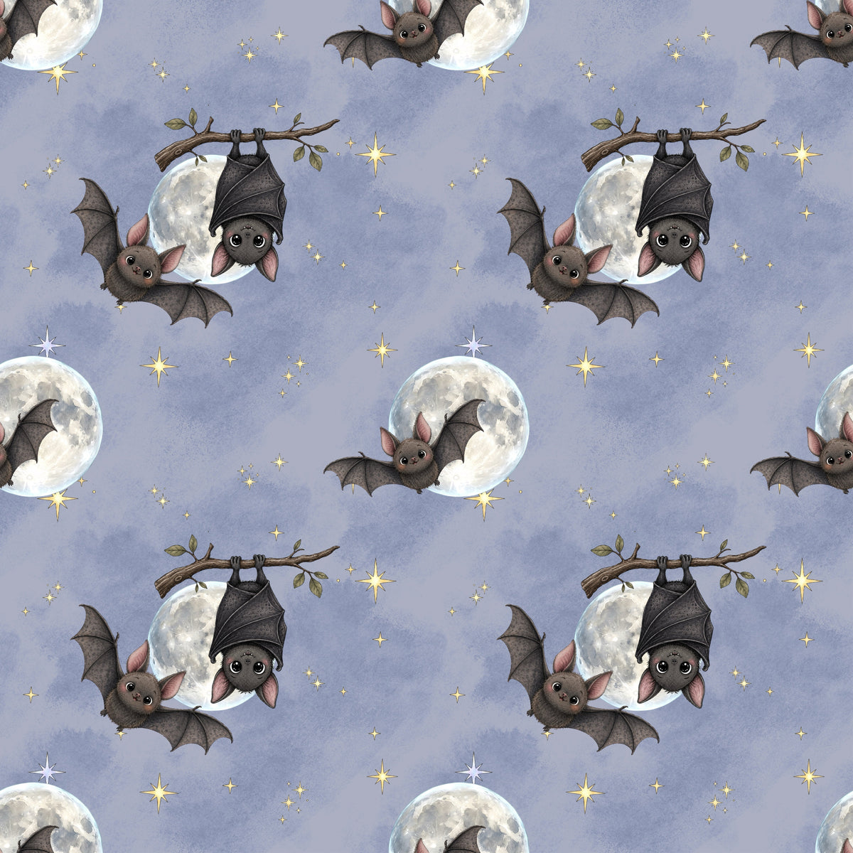 Fledermausfreunde Stoffdesign mit niedlichen Fledermäusen, Vollmond und funkelnden Sternen auf rauchblauem Hintergrund