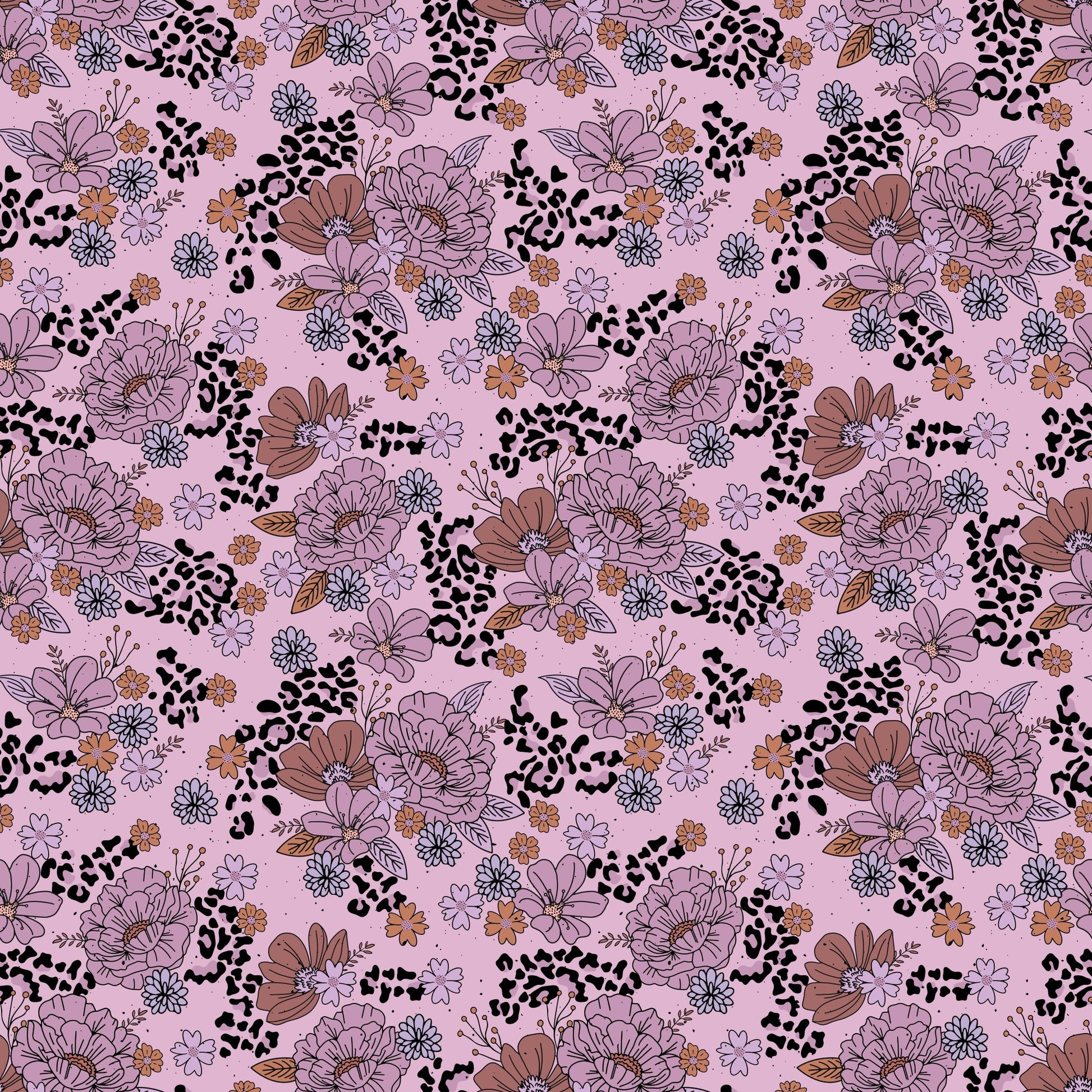 nahtloses Blumenmuster in Rosé und Mauve mit schwarzen Leo-Sprenkeln, verspieltes florales Design von Katzengold-Designs