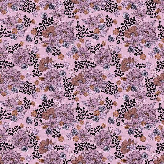 nahtloses Blumenmuster in Rosé und Mauve mit schwarzen Leo-Sprenkeln, verspieltes florales Design von Katzengold-Designs