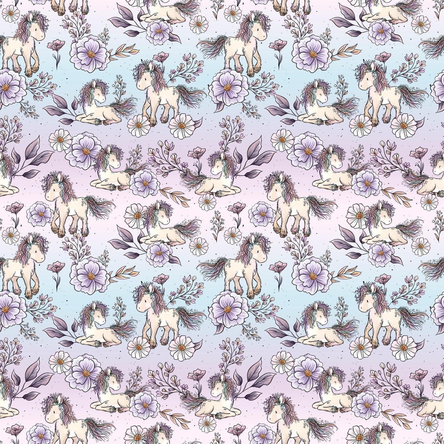 Flower Pony Muster mit Ponys, Blumen und Blättern von Katzengold-Designs auf pastellfarbenem Hintergrund.