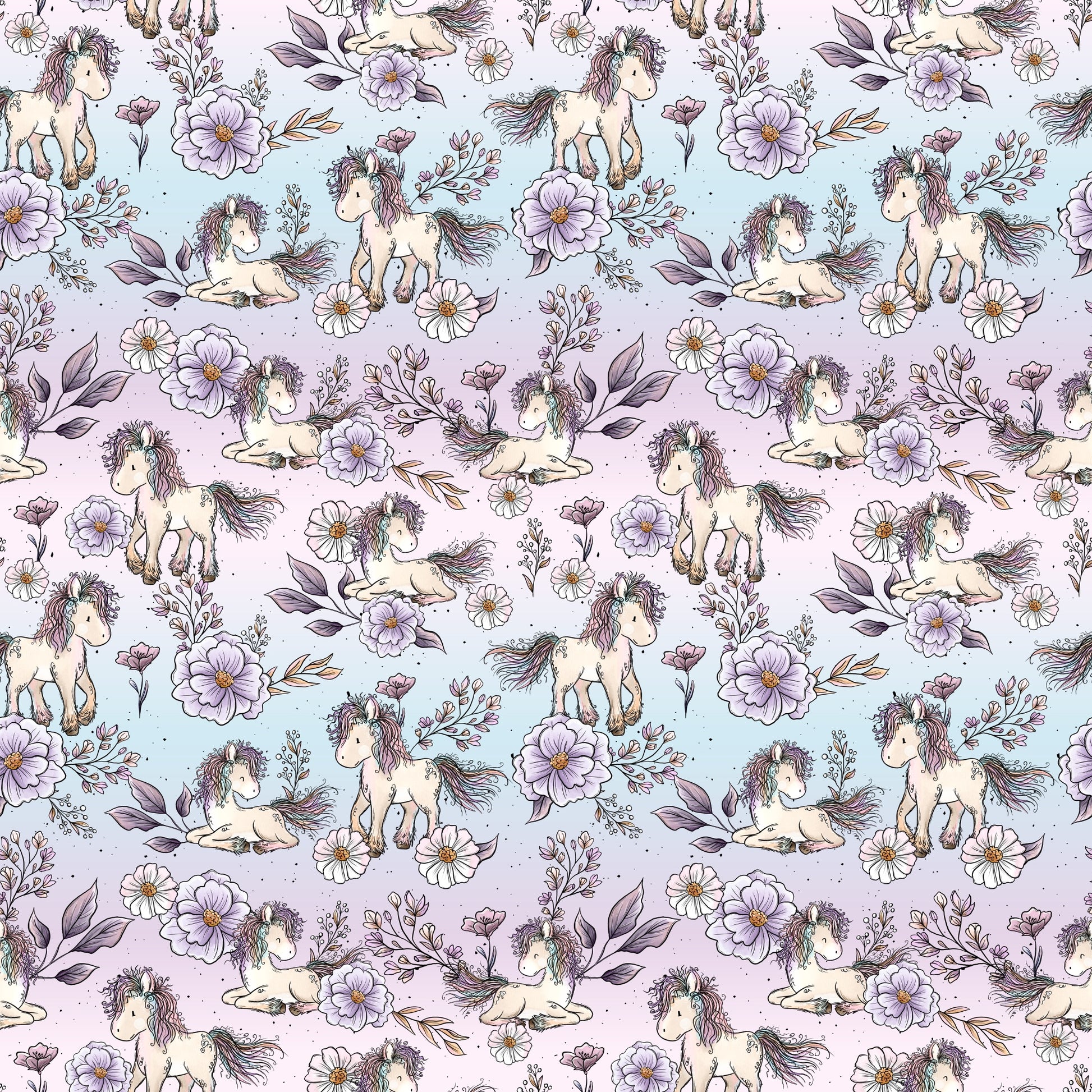Flower Pony Muster mit Ponys, Blumen und Blättern von Katzengold-Designs auf pastellfarbenem Hintergrund.