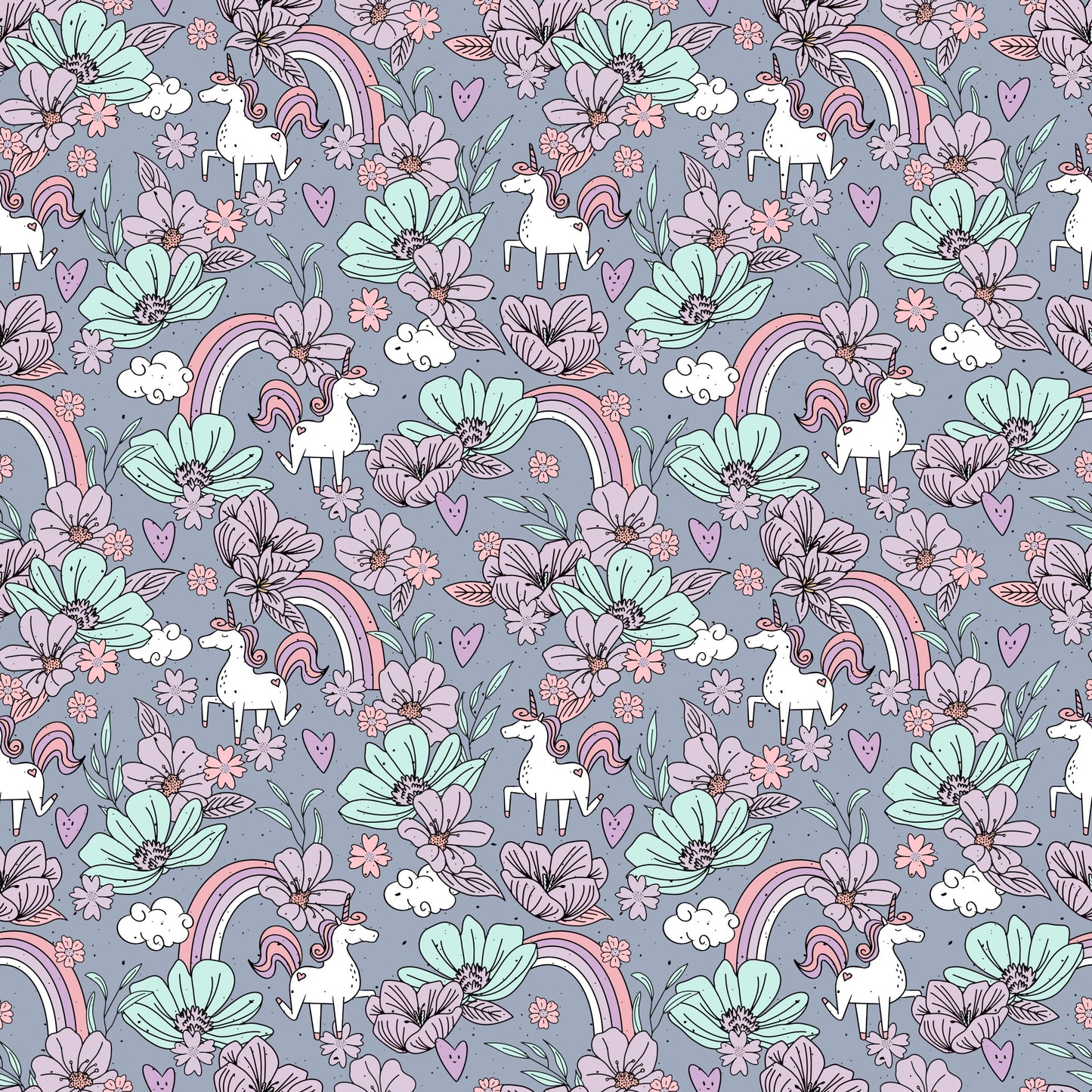 Nahtloses Muster „Flower Unicorn“ – Einhörner zwischen Blumen, Herzen & Regenbögen auf graulila Kinderstoff (Jersey/French Terry), handgemalt von Katzengold-Designs