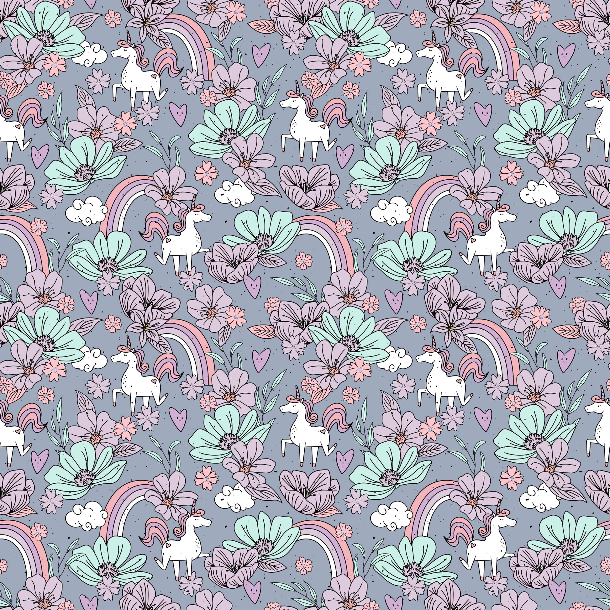 Nahtloses Muster „Flower Unicorn“ – Einhörner zwischen Blumen, Herzen & Regenbögen auf graulila Kinderstoff (Jersey/French Terry), handgemalt von Katzengold-Designs