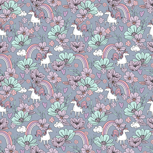 Nahtloses Muster „Flower Unicorn“ – Einhörner zwischen Blumen, Herzen & Regenbögen auf graulila Kinderstoff (Jersey/French Terry), handgemalt von Katzengold-Designs