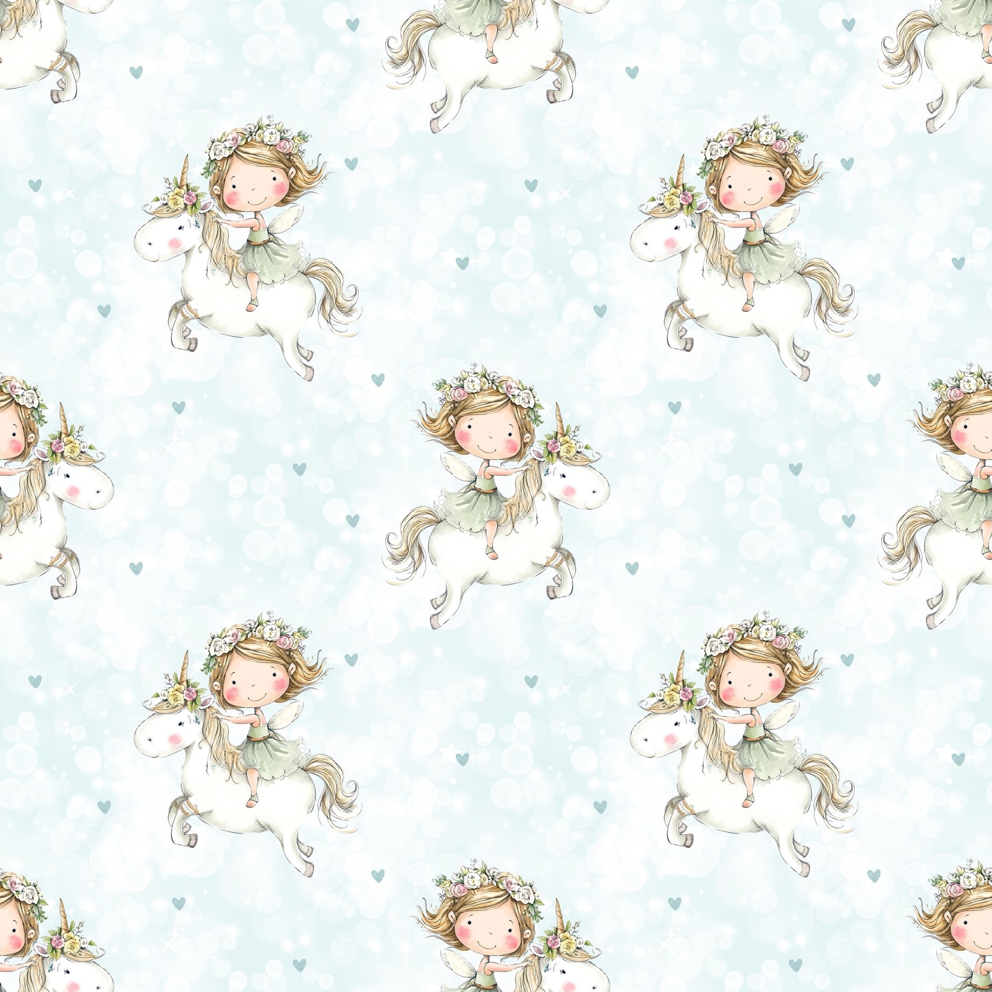 Nahtloses Flying Unicorn Design mit Blumenmädchen auf weißem Einhorn vor pastellblauem Hintergrund mit kleinen Herzen