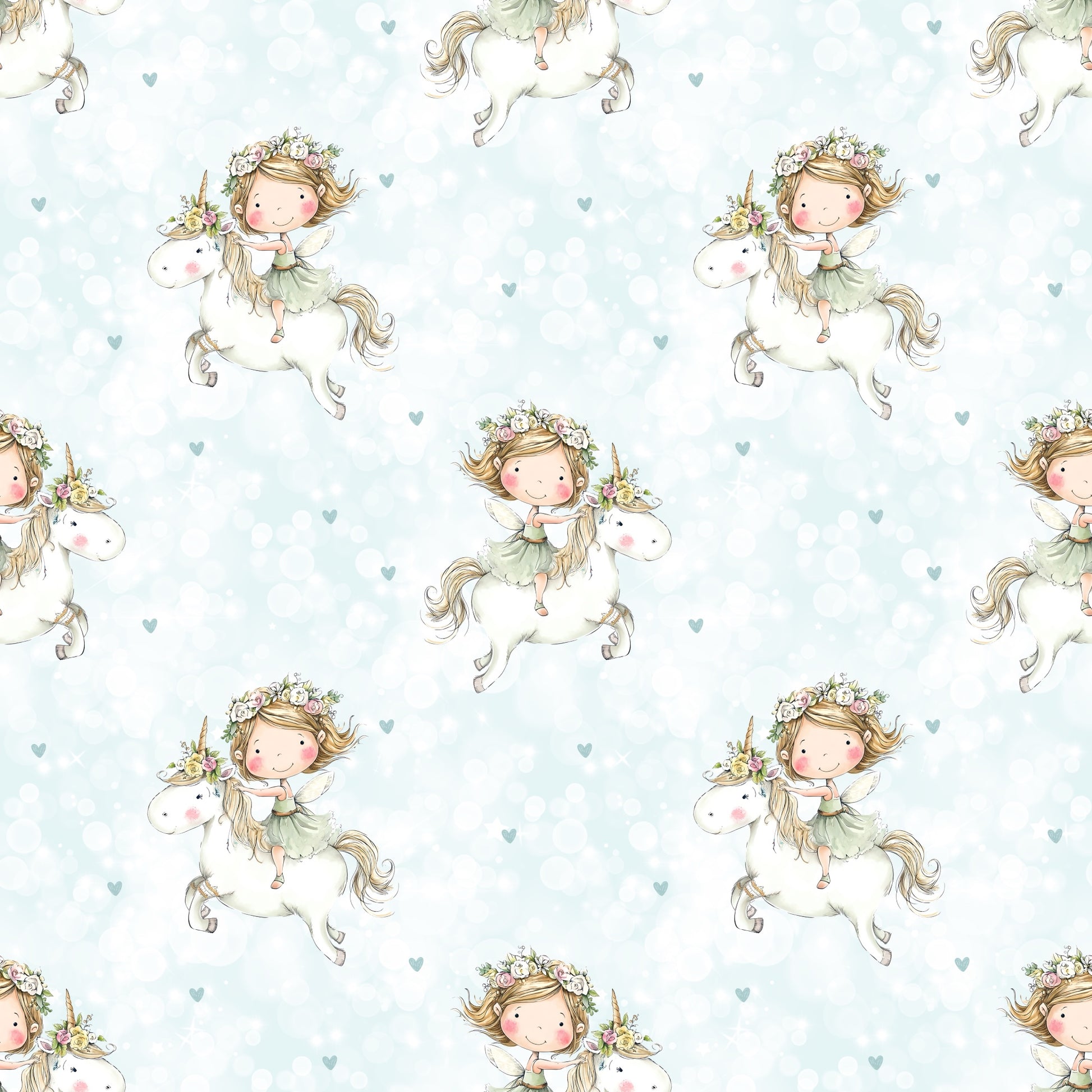 Nahtloses Flying Unicorn Design mit Blumenmädchen auf weißem Einhorn vor pastellblauem Hintergrund mit kleinen Herzen