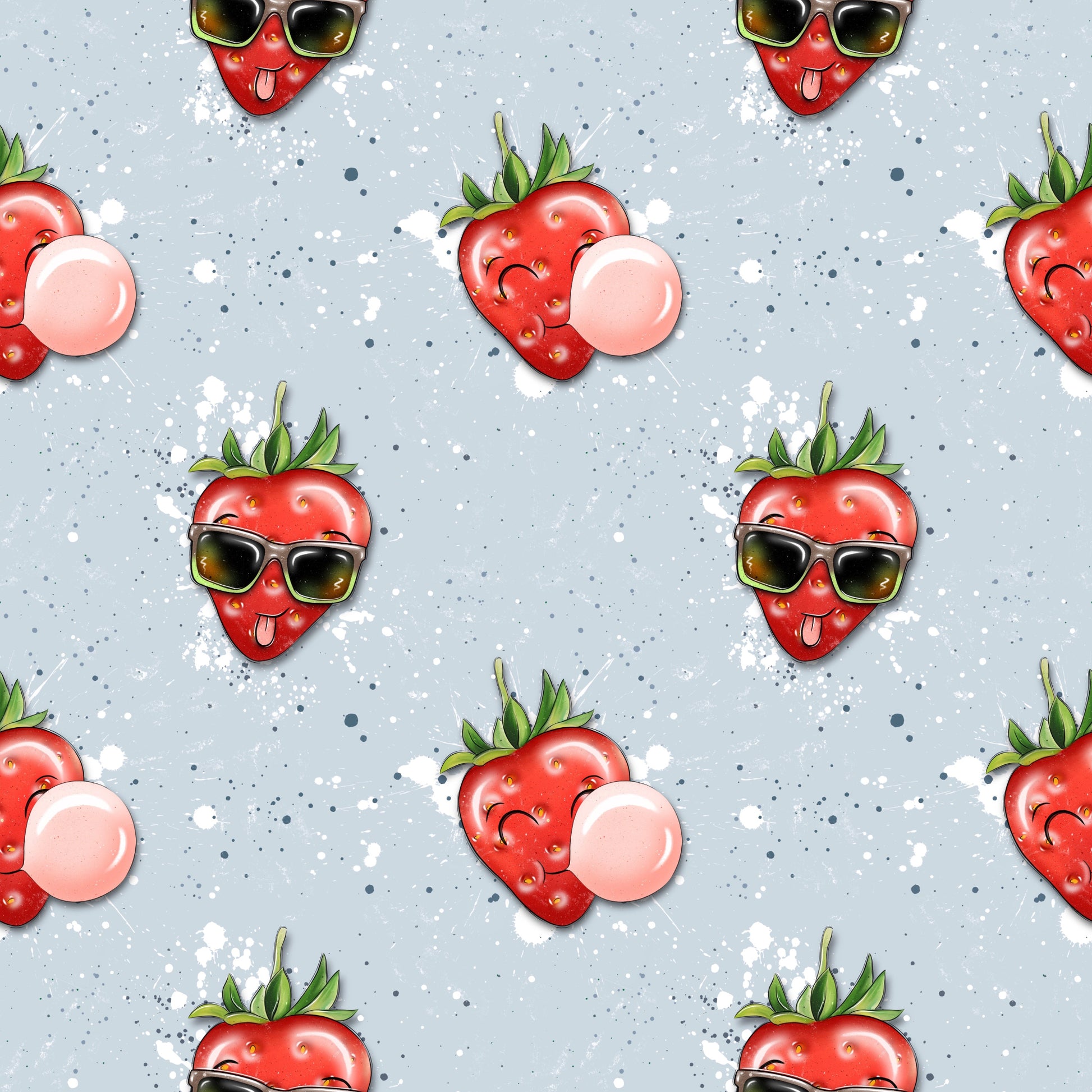 Stoffkachel „Freche Erdbeere“: nahtloses Muster mit wiederholten Erdbeeren (Sonnenbrille, Kaugummi) auf hellblauem Sprenkel-Hintergrund; gleichmäßig rapportiert.