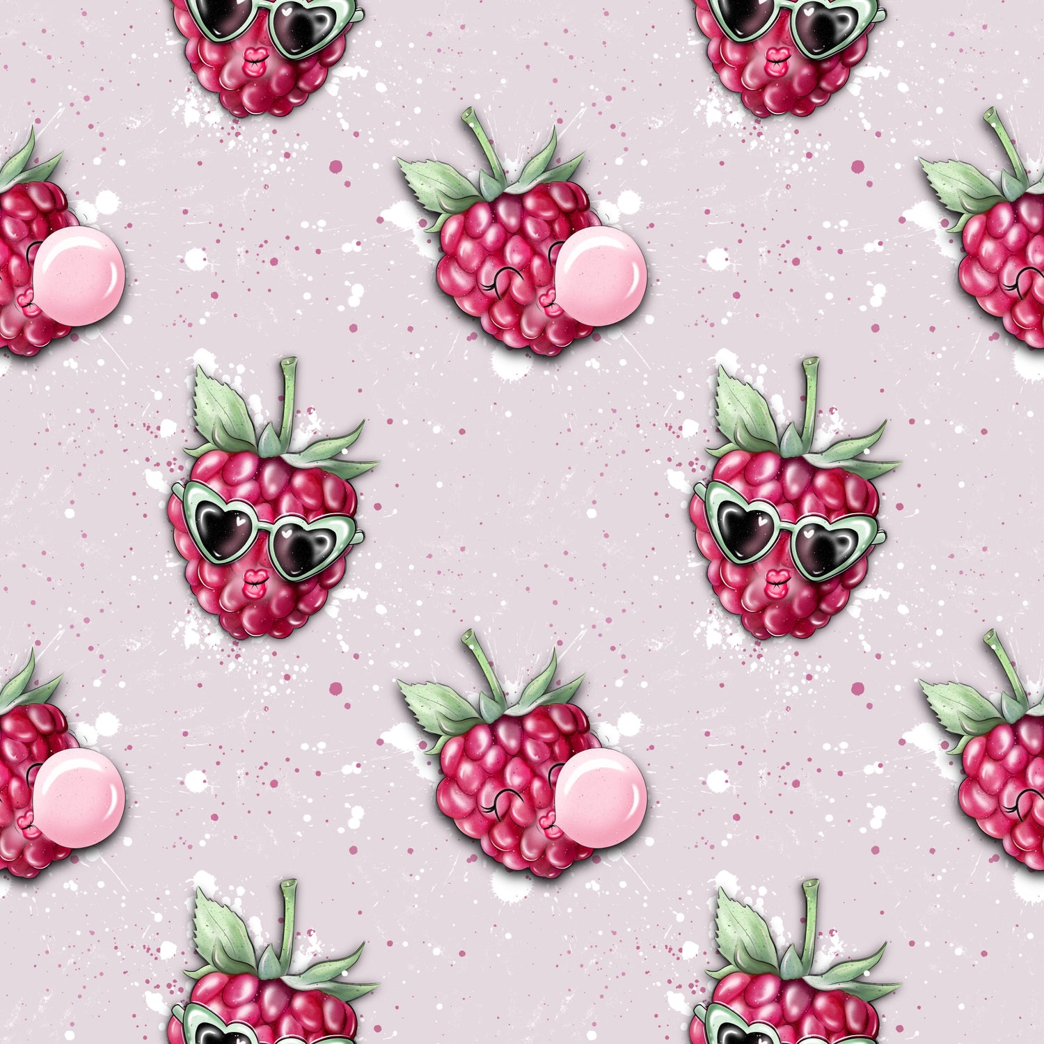 Stoffkachel „Freche Himbeere“: nahtloses Muster mit wiederholten Himbeeren (Herzbrille, Blätter, Kaugummi) auf zartrosanem, fein gesprenkelten Hintergrund; gleichmäßig rapportiert.
