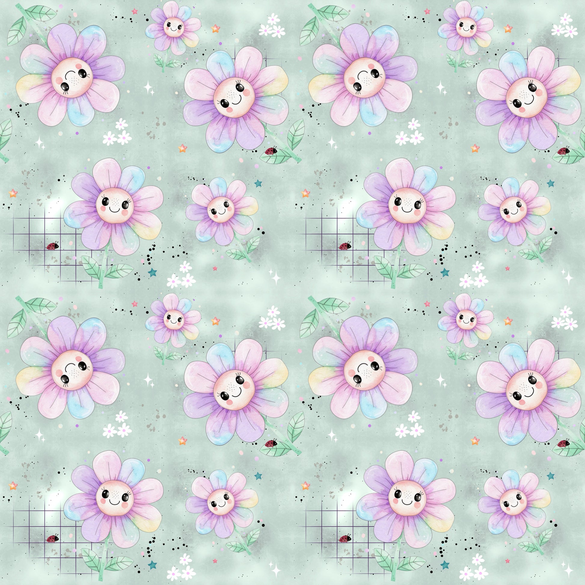 Stoffkachel „Fröhliche Blumen“: nahtloses Muster mit pastelligen Blumenköpfen, Blättern, Grid-Details, Sternchen & Sprenkeln auf mintgrünem Hintergrund; gleichmäßig rapportiert.