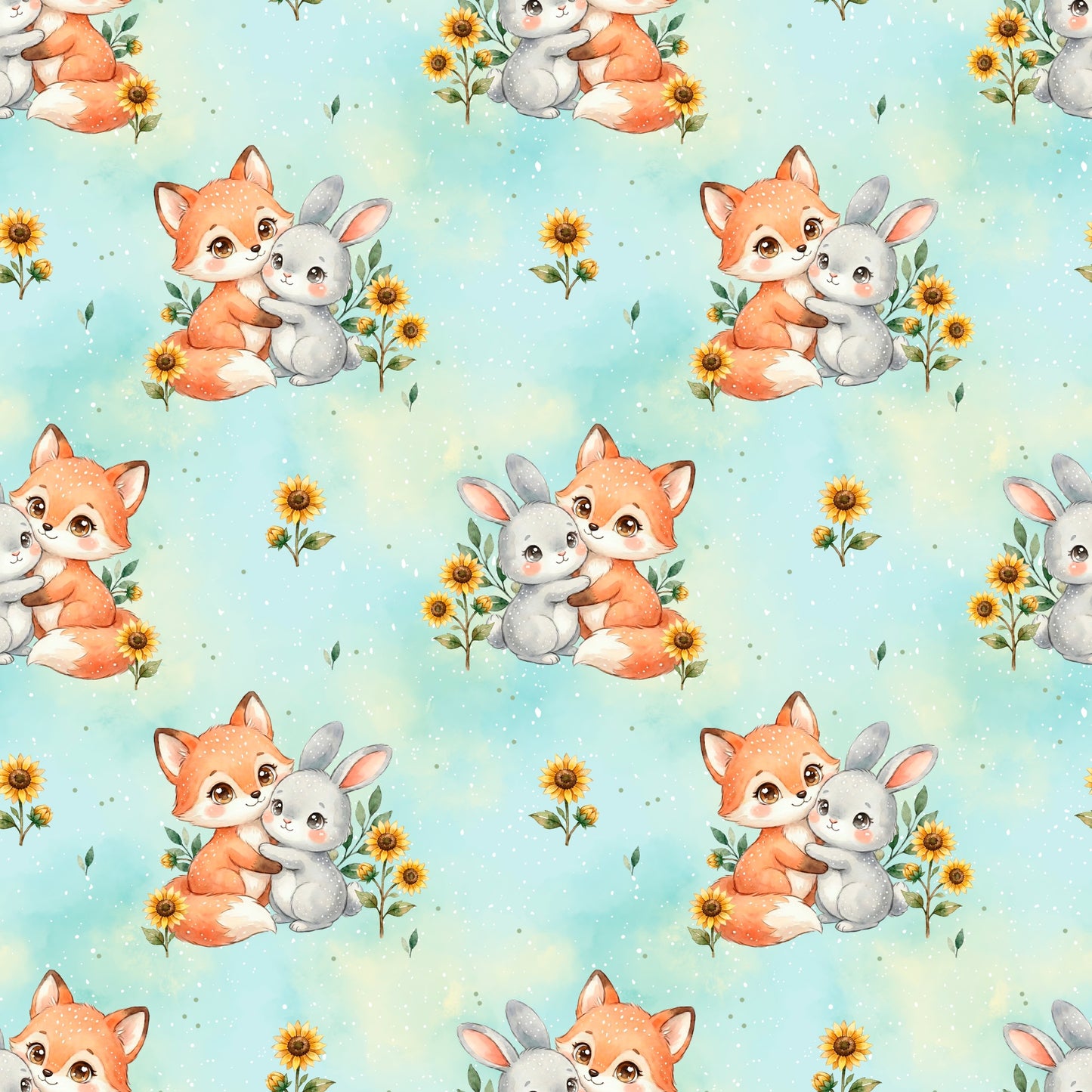 Stoffdesign Frühlingsfreunde mit Fuchs-Hase-Motiv und gelben Sonnenblumen