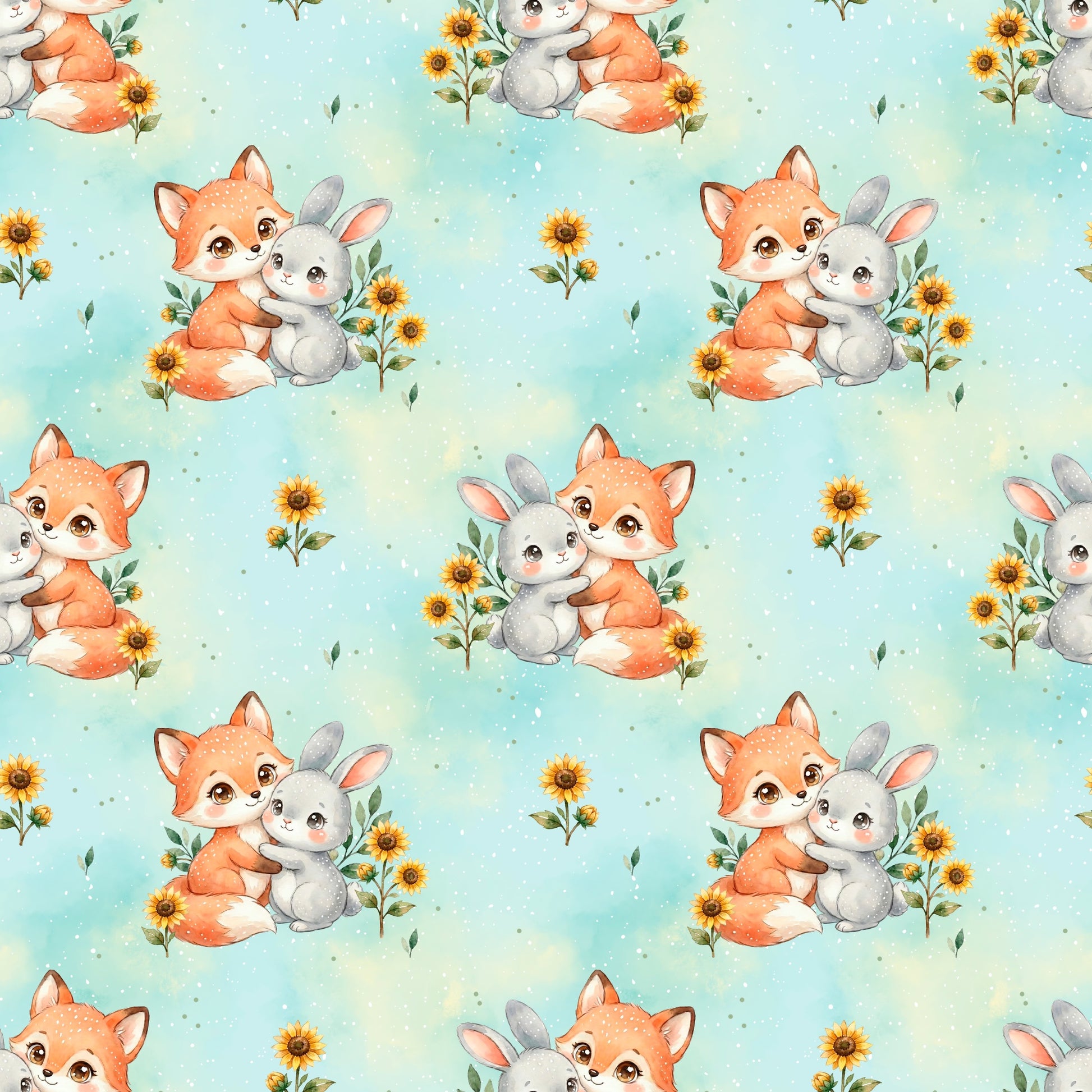 Stoffdesign Frühlingsfreunde mit Fuchs-Hase-Motiv und gelben Sonnenblumen