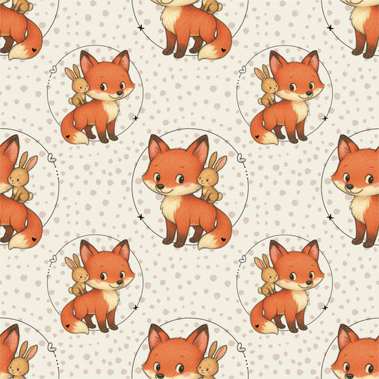 Nahtloses Muster mit Fuchs und Hase in warmen Orangetönen und Naturfarben