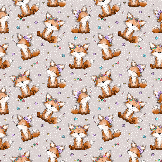 Detailansicht des Stoffdesigns „Fuchstag Blumen“ von Katzengold-Designs mit niedlichen Fuchsmotiven, floralen Elementen und harmonischer, mädchenhafter Farbwelt.