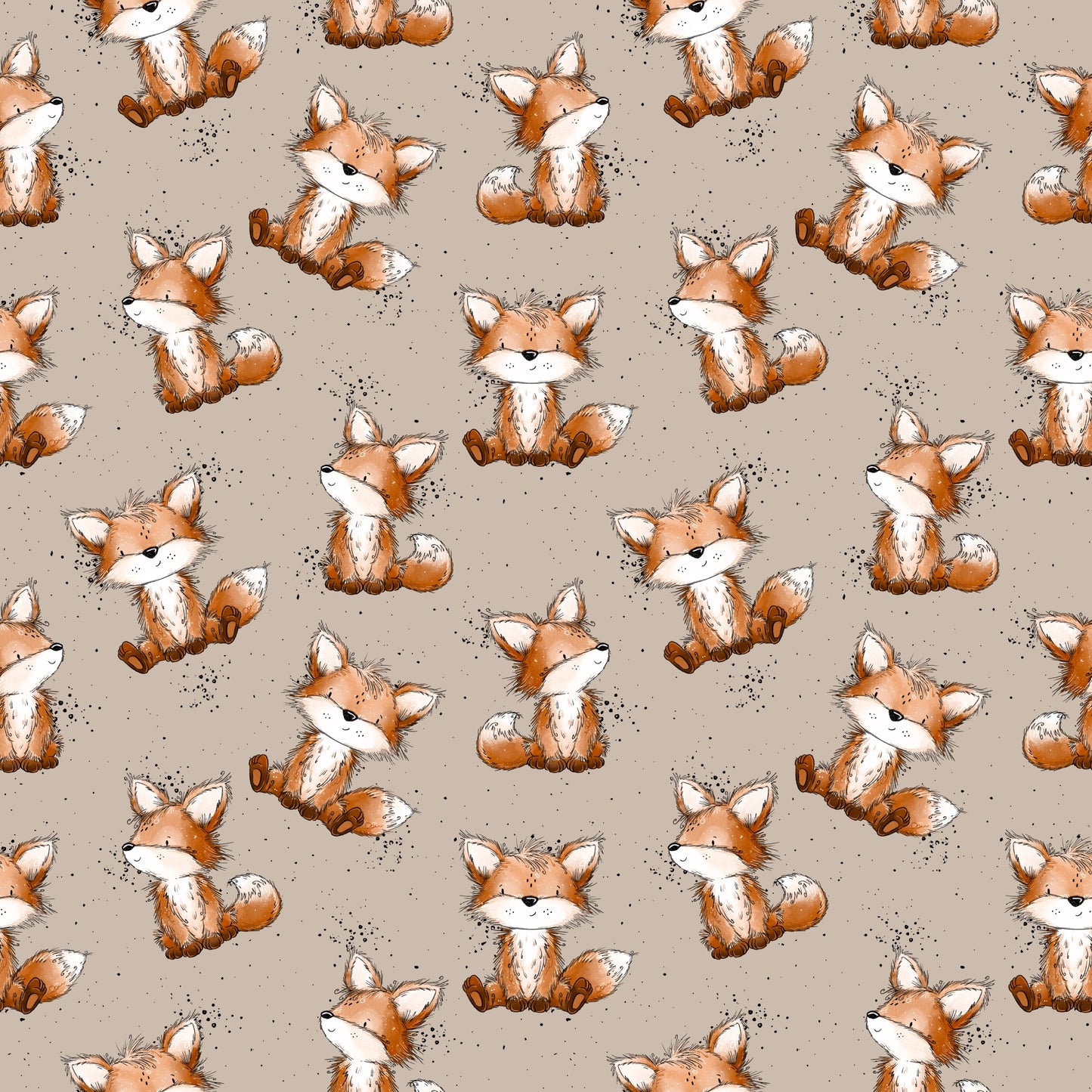 Detailansicht des Stoffdesigns „Fuchstag“ von Katzengold-Designs mit liebevoll illustrierten Füchsen, feinen Sprenkeln und harmonischer Farbwelt.