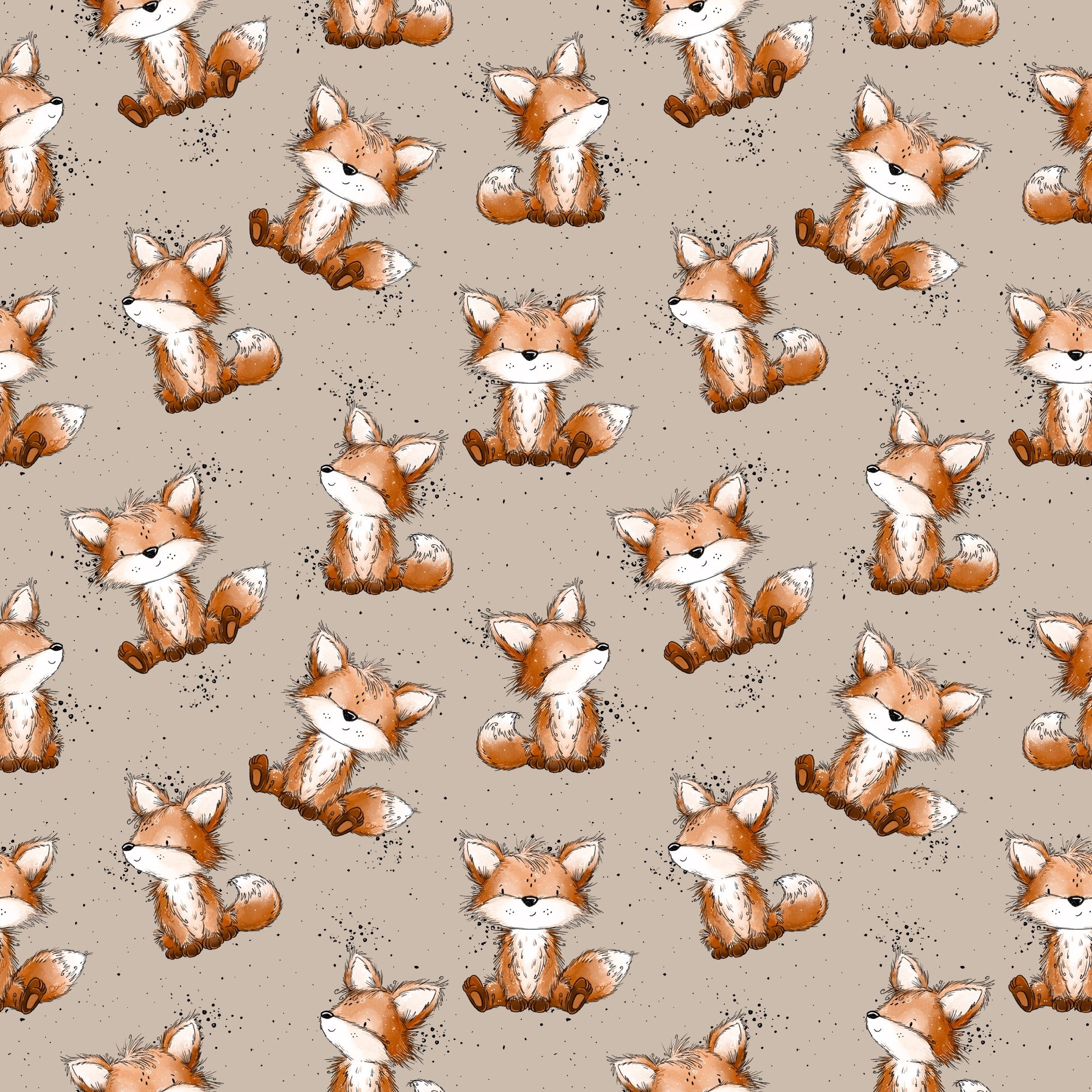 Detailansicht des Stoffdesigns „Fuchstag“ von Katzengold-Designs mit liebevoll illustrierten Füchsen, feinen Sprenkeln und harmonischer Farbwelt.
