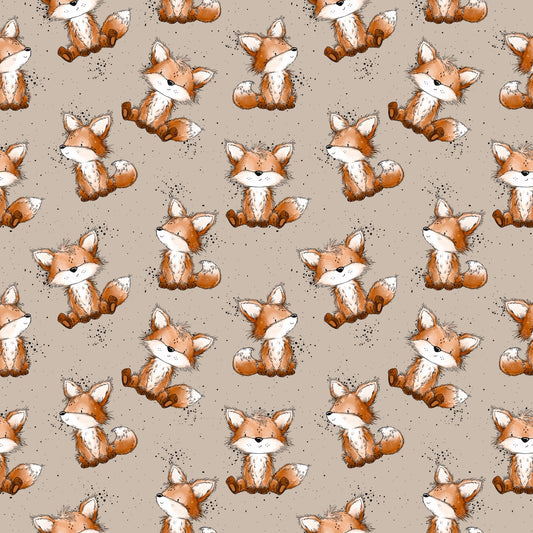 Detailansicht des Stoffdesigns „Fuchstag“ von Katzengold-Designs mit liebevoll illustrierten Füchsen, feinen Sprenkeln und harmonischer Farbwelt.