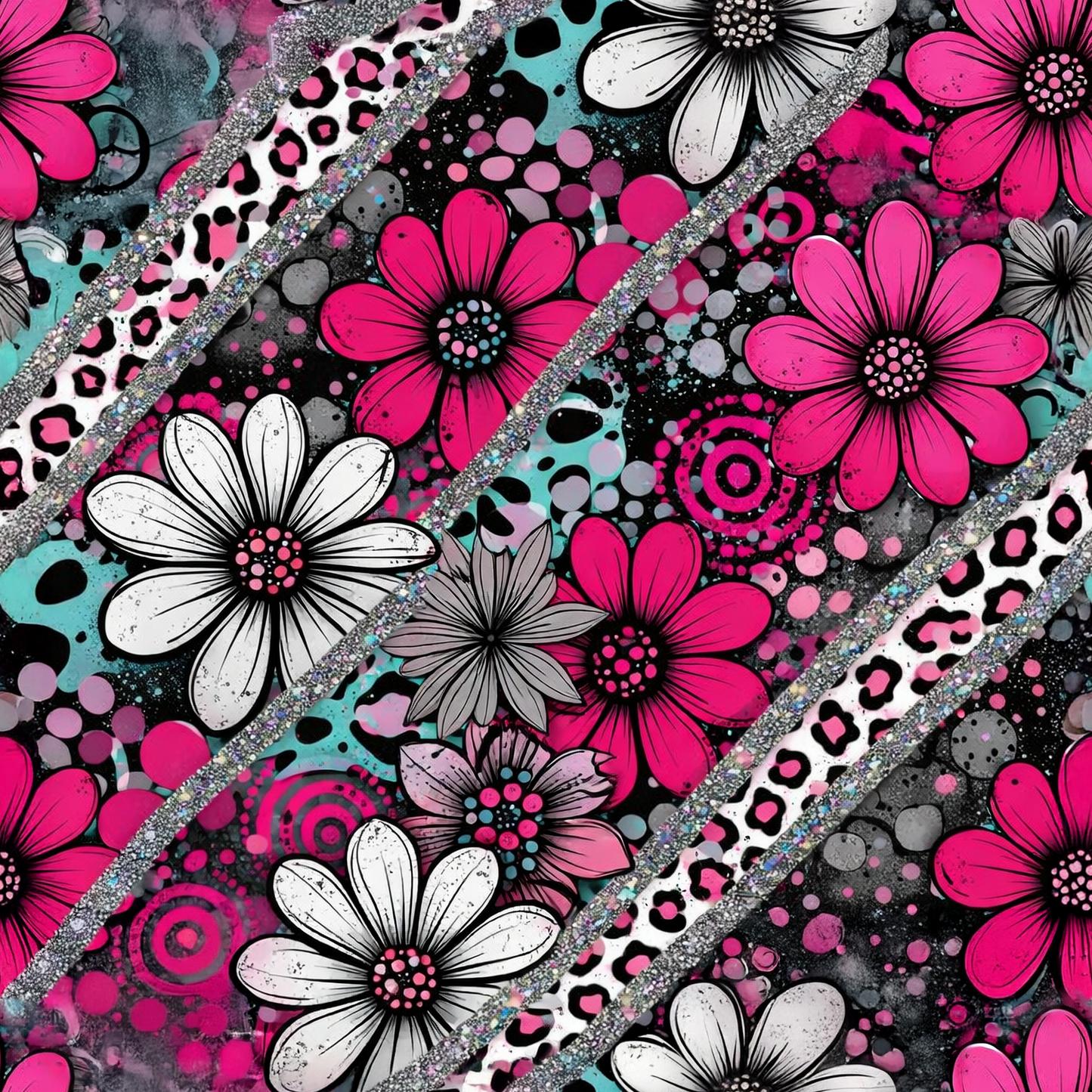 Glam Daisy Allover-Muster mit großen Blumen in Pink, Weiß und Grau, kombiniert mit Leopardenmuster und glitzernden Streifen auf dunklem Hintergrund