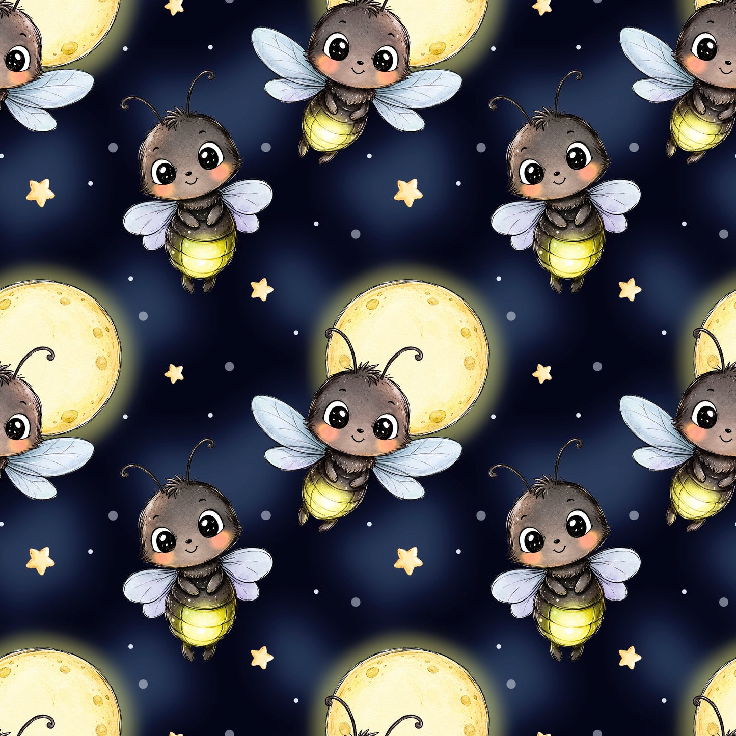 Nahtloses Stoffdesign „Glühwürmchen im Mondschein“ mit niedlichen leuchtenden Glühwürmchen, Vollmond und kleinen Sternen auf dunkelblauem Nachthimmel.