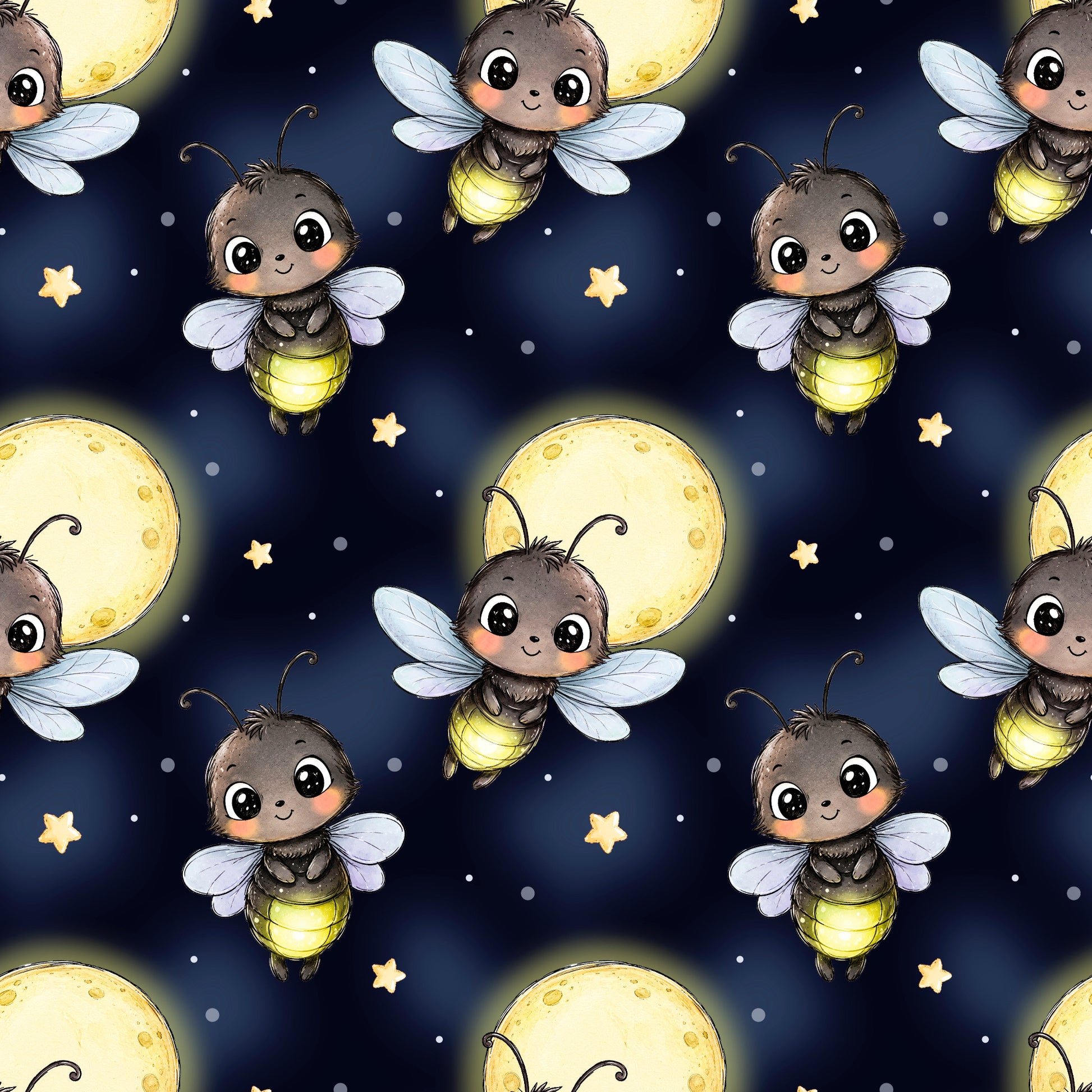 Nahtloses Stoffdesign „Glühwürmchen im Mondschein“ mit niedlichen leuchtenden Glühwürmchen, Vollmond und kleinen Sternen auf dunkelblauem Nachthimmel.