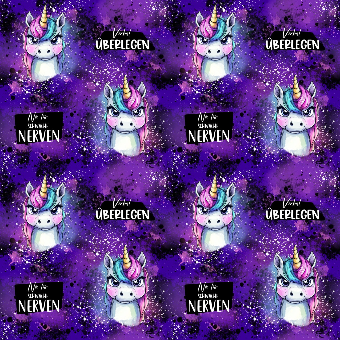 Stoffkachel „Grumpycorn – Lila“ mit frechem Einhorn-Motiv auf lila Hintergrund, ideal für Kinder- und Teen-Outfits.