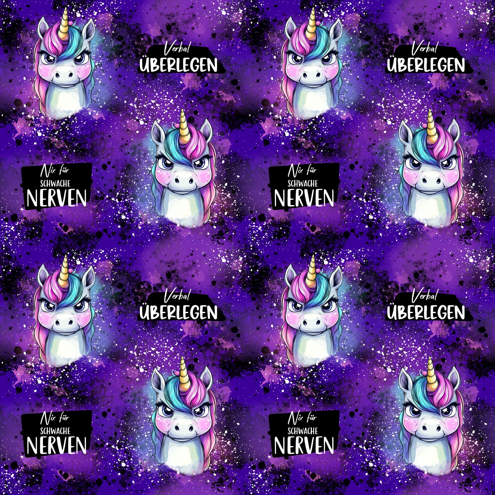 Stoffkachel „Grumpycorn – Lila“ mit frechem Einhorn-Motiv auf lila Hintergrund, ideal für Kinder- und Teen-Outfits.