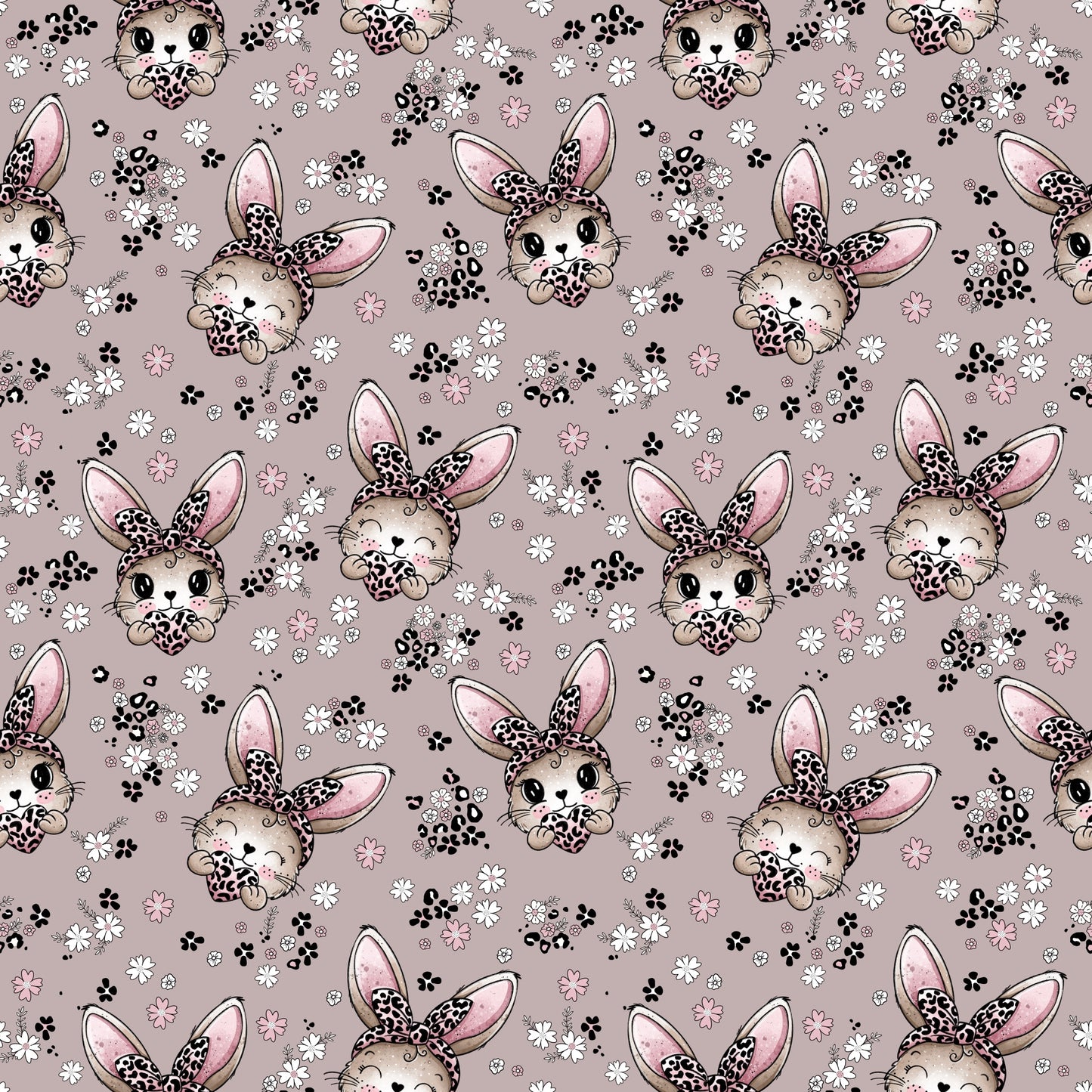 Nahtloses Muster mit süßen Häschen, floralen Elementen, Pfötchenspuren und dezenten Leo-Details in sanfter Farbpalette.