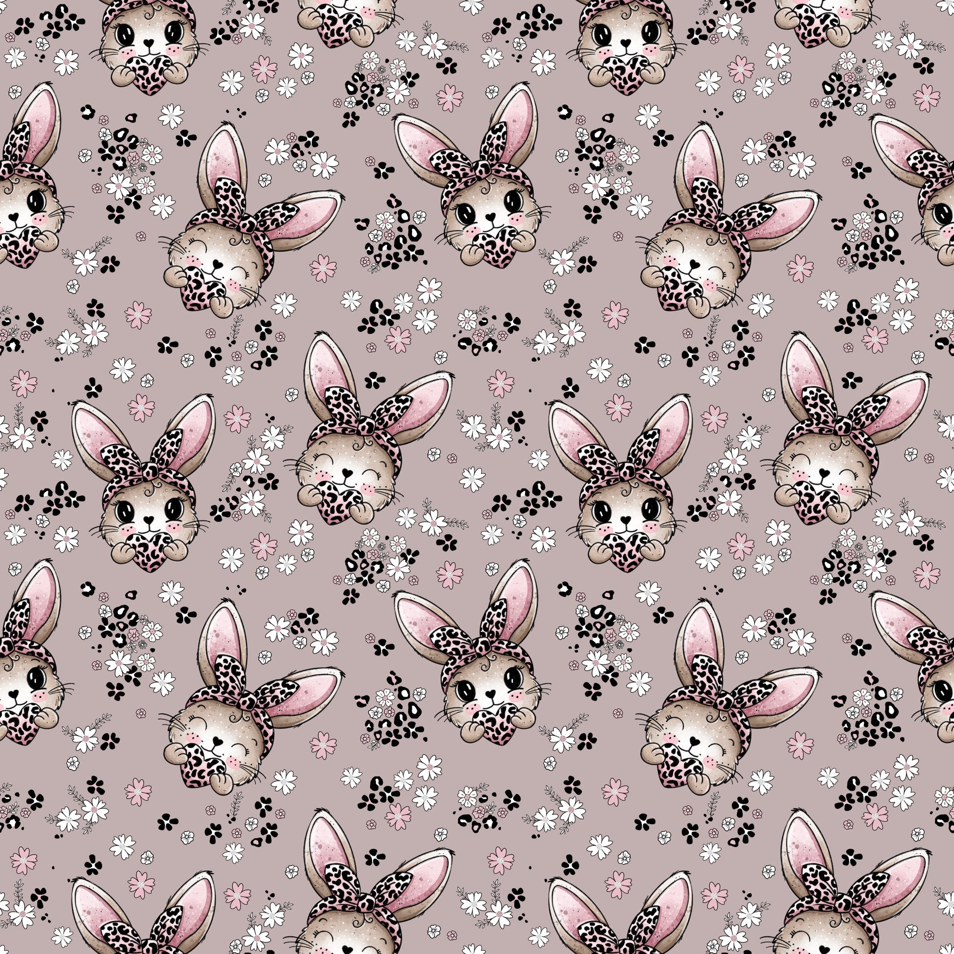Nahtloses Muster mit süßen Häschen, floralen Elementen, Pfötchenspuren und dezenten Leo-Details in sanfter Farbpalette.