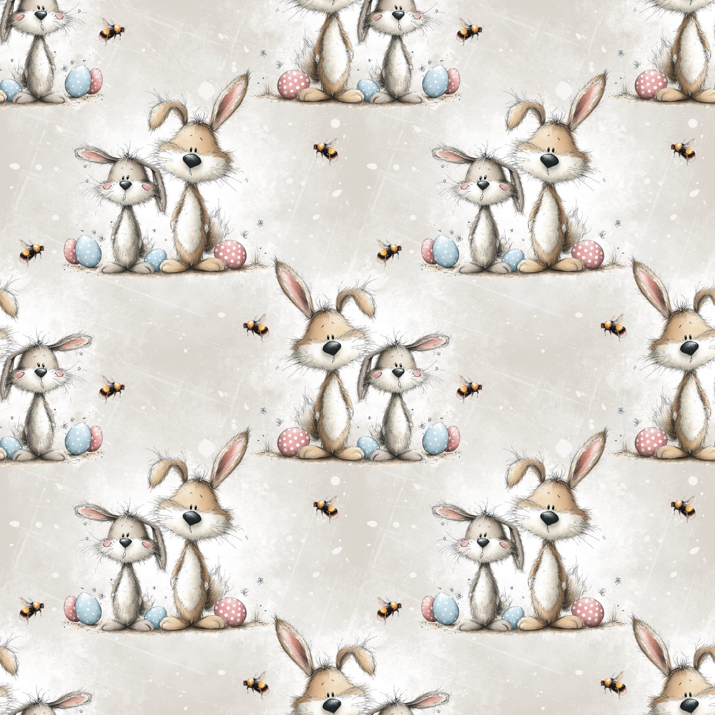 Osterstoff Häschenfreunde – Frühlingswiese mit Hasenpaar und bunten Ostereiern