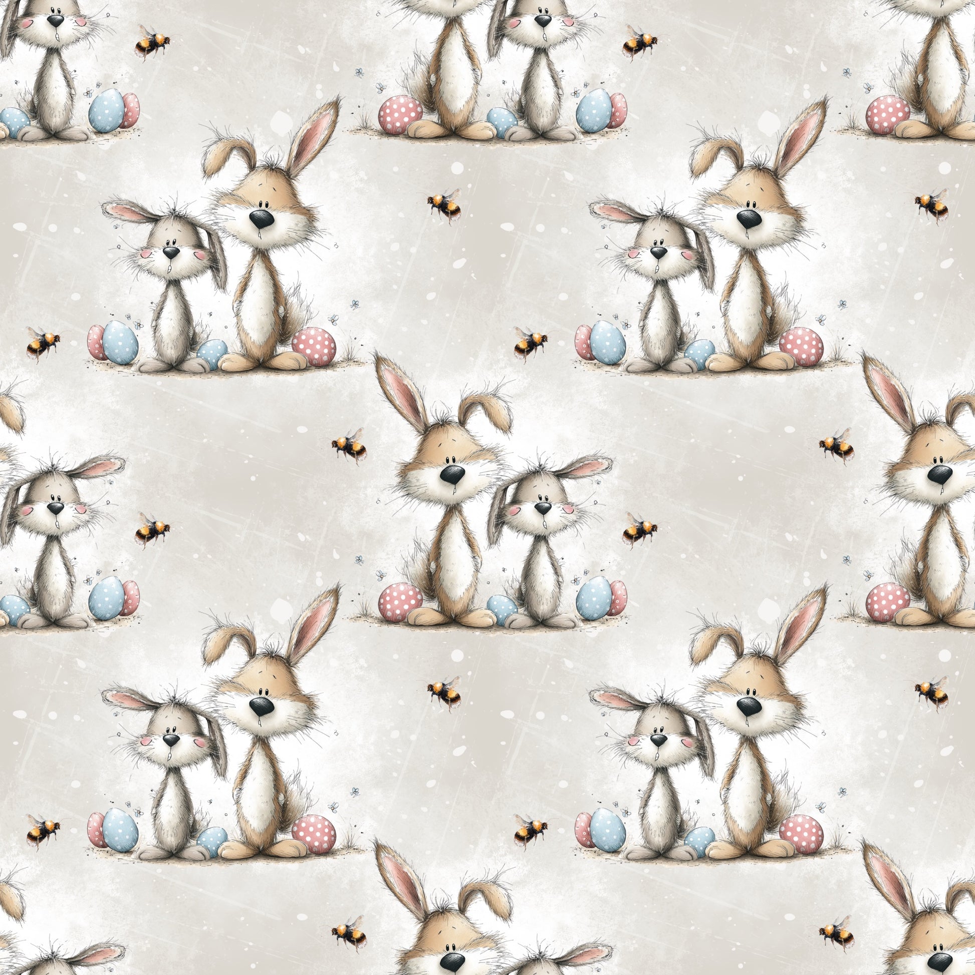 Osterstoff Häschenfreunde – Frühlingswiese mit Hasenpaar und bunten Ostereiern