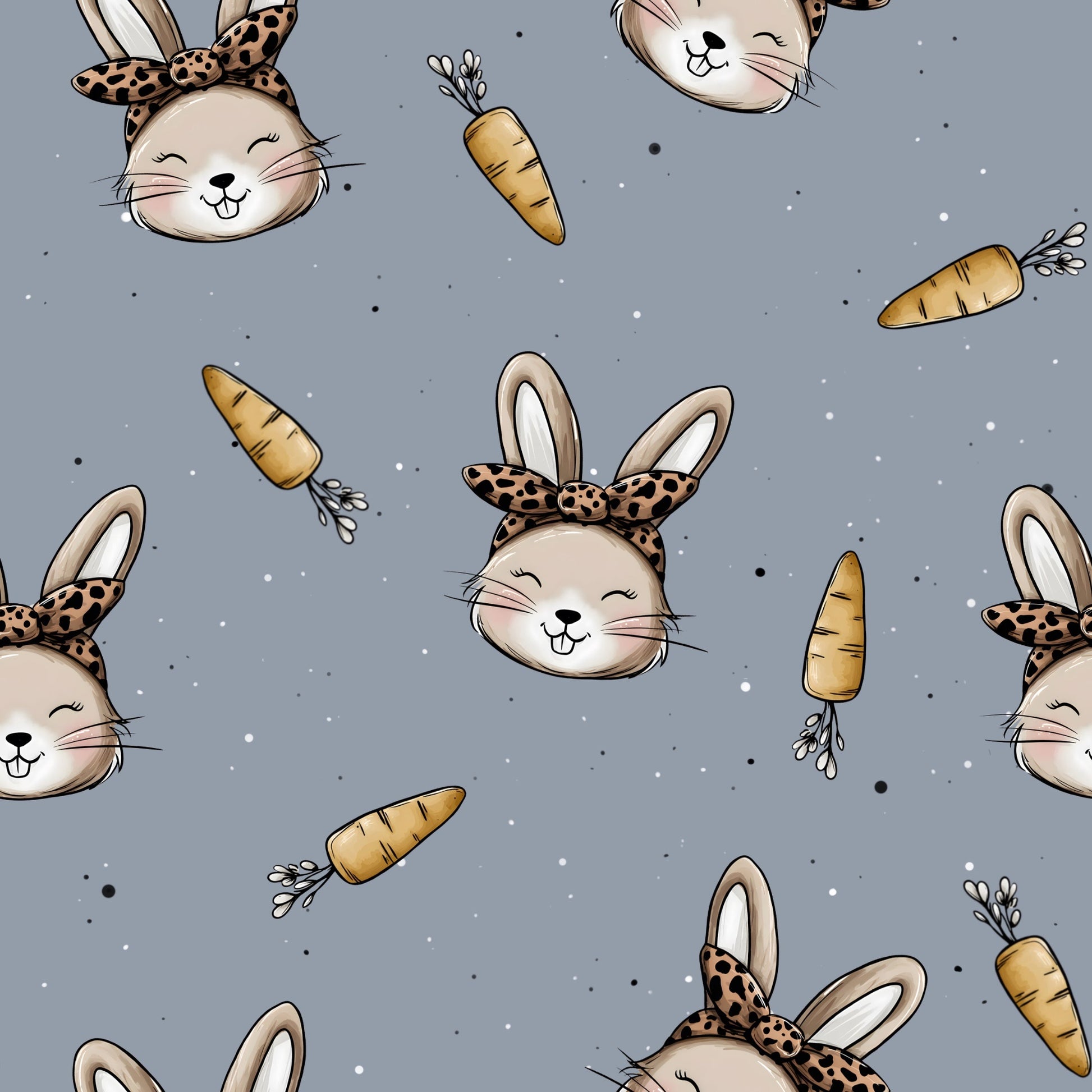 Häschenzauber Muster mit süßen Hasenköpfen, Schleifen und Karotten in Grau