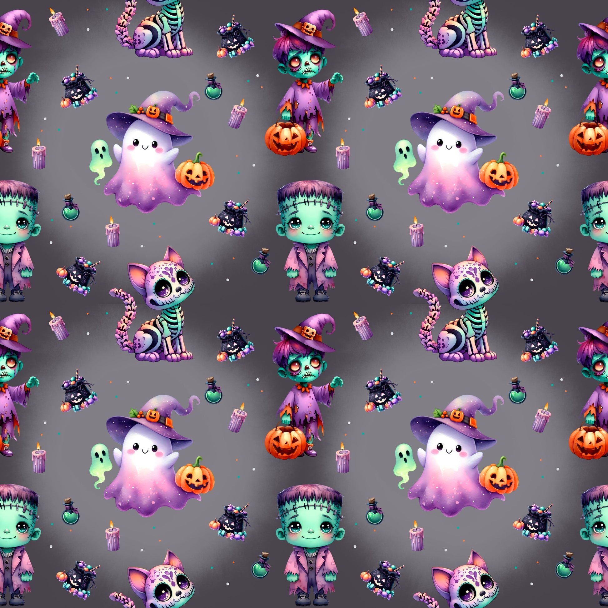 Bunter Stoff „Halloween Crew“ – verspielte Halloweenfiguren und Deko-Elemente für kreative Nähideen.