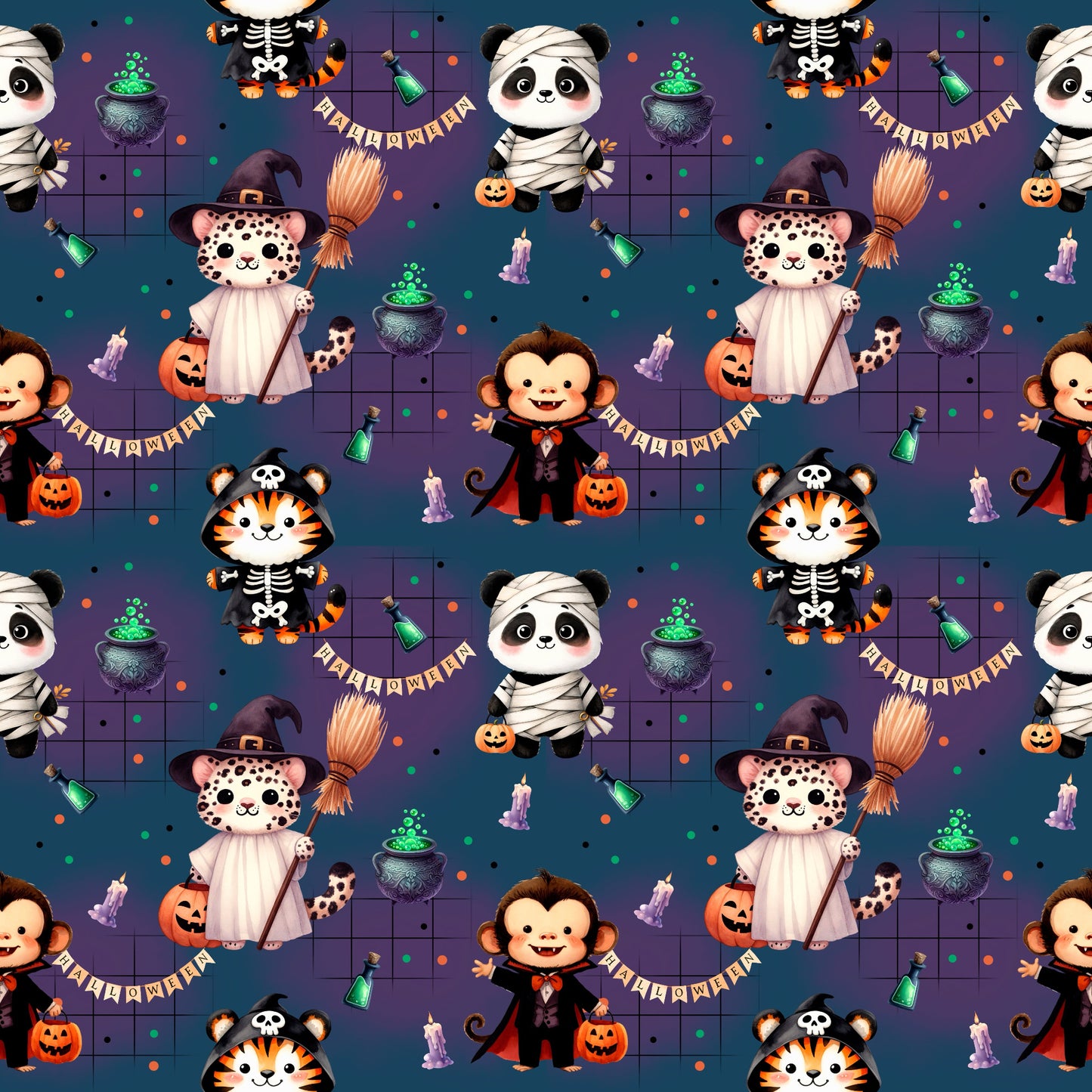 Bunter Stoff „Halloween Safari“ – Tiger, Panda, Affe & Leopard im Halloweenlook für kreative Nähprojekte.