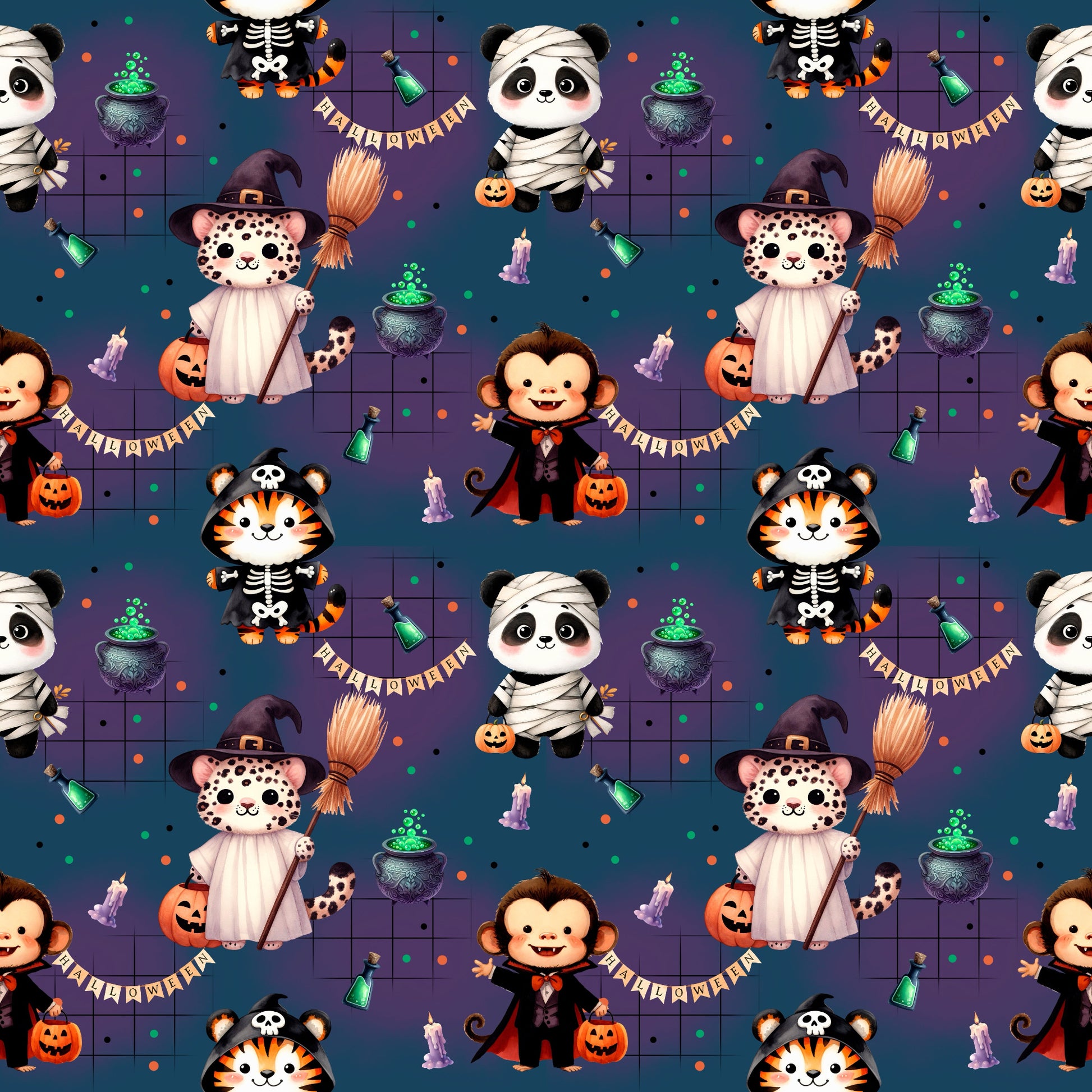 Bunter Stoff „Halloween Safari“ – Tiger, Panda, Affe & Leopard im Halloweenlook für kreative Nähprojekte.