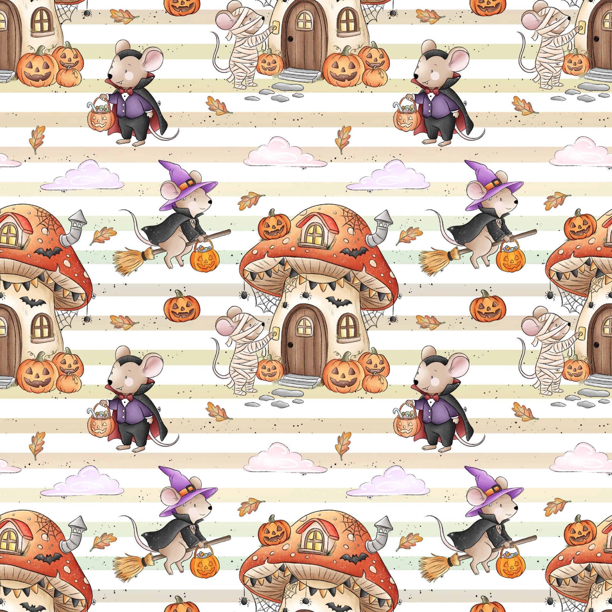 Nahtloses Stoffdesign „Halloweenmäuse“ mit verkleideten Mäusen, Kürbissen, Fledermäusen und Pilzhäusern auf einem hell gestreiften Hintergrund.