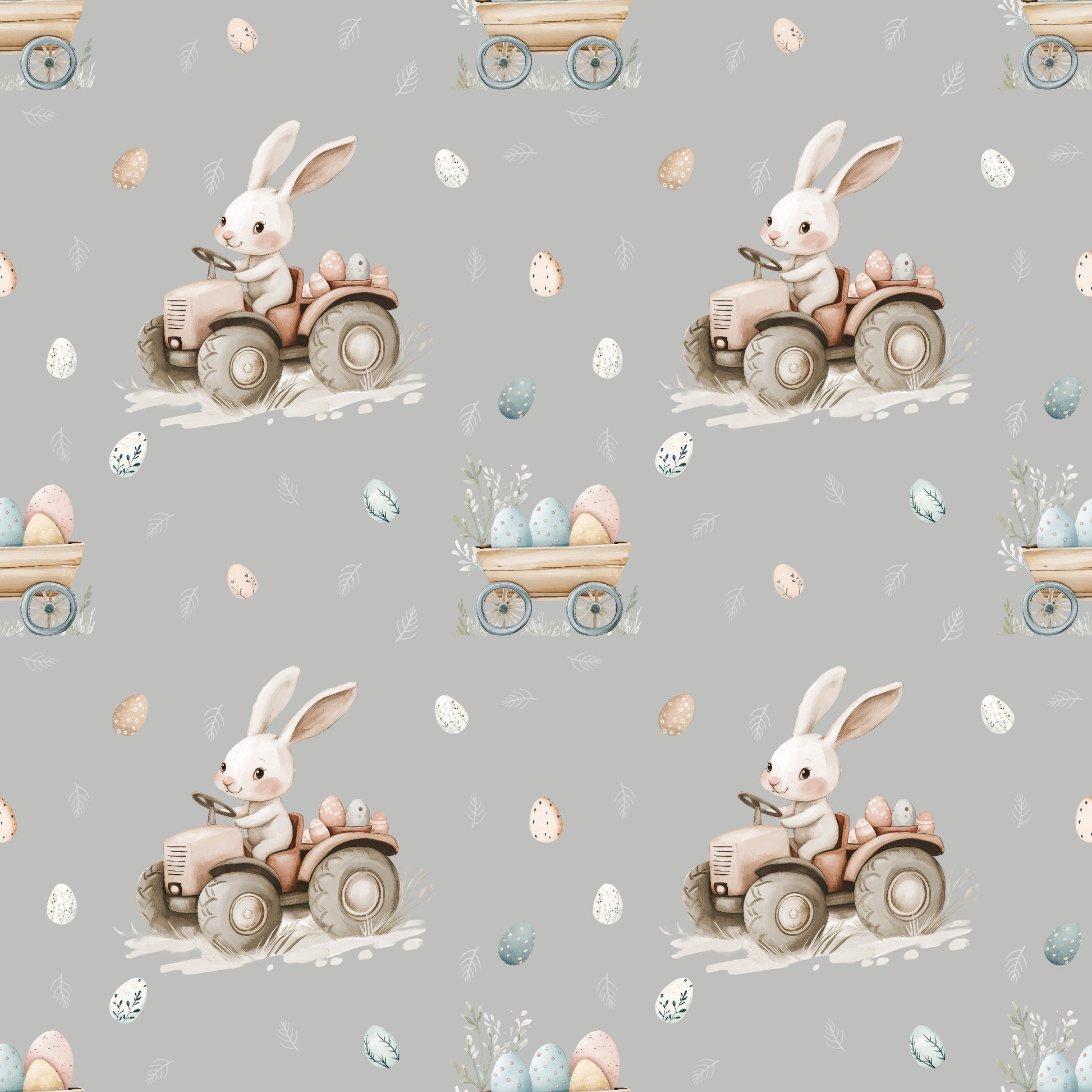 Hasenfahrt Nebelgrau Stoffmuster mit Osterhase, Traktor und Ostereiern in skandinavischem Stil