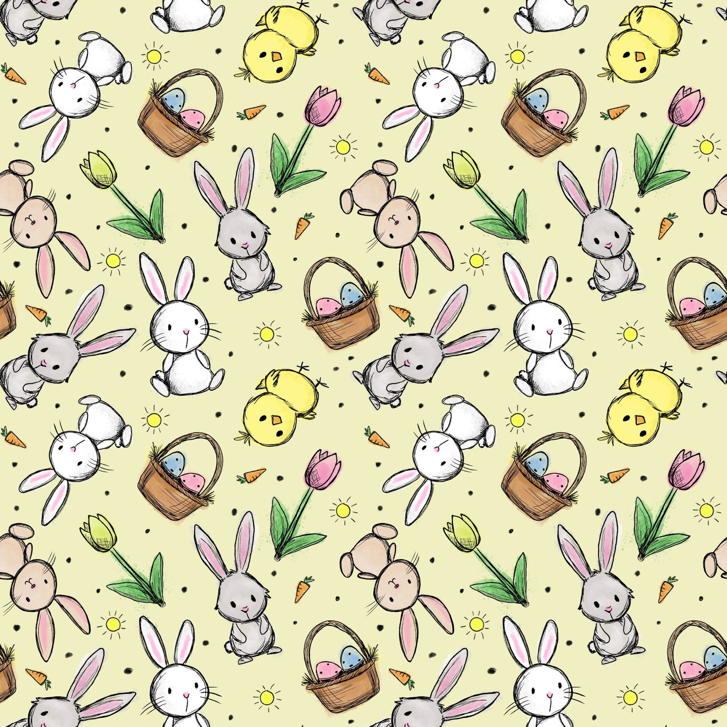 Hasenglück Frühlingsgelb Stoffmuster mit Osterhasen, Küken und Ostereiern auf frühlingsgelbem Hintergrund