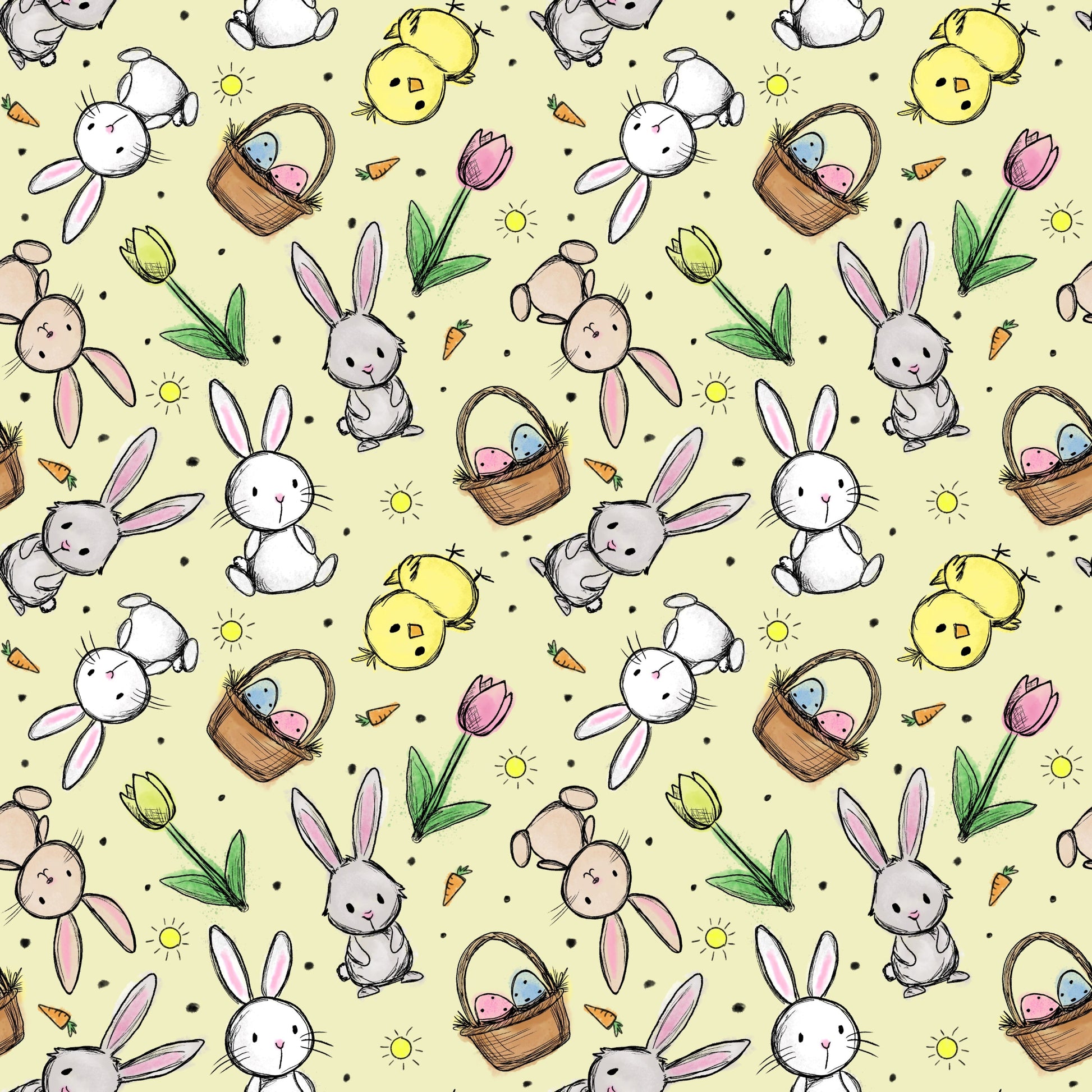 Hasenglück Frühlingsgelb Stoffmuster mit Osterhasen, Küken und Ostereiern auf frühlingsgelbem Hintergrund