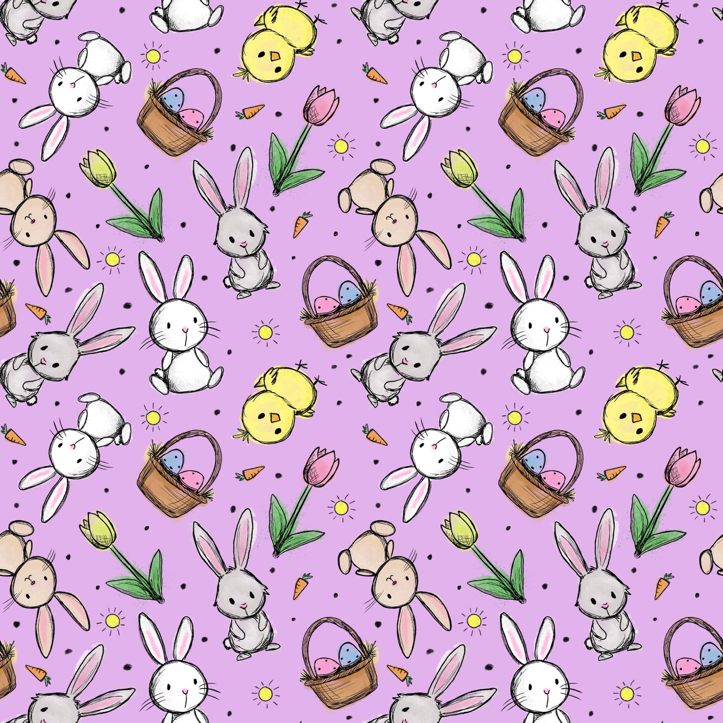 Hasenglück Lavendel Stoffmuster mit Osterhasen, Küken und Ostereiern auf lavendelfarbenem Hintergrund