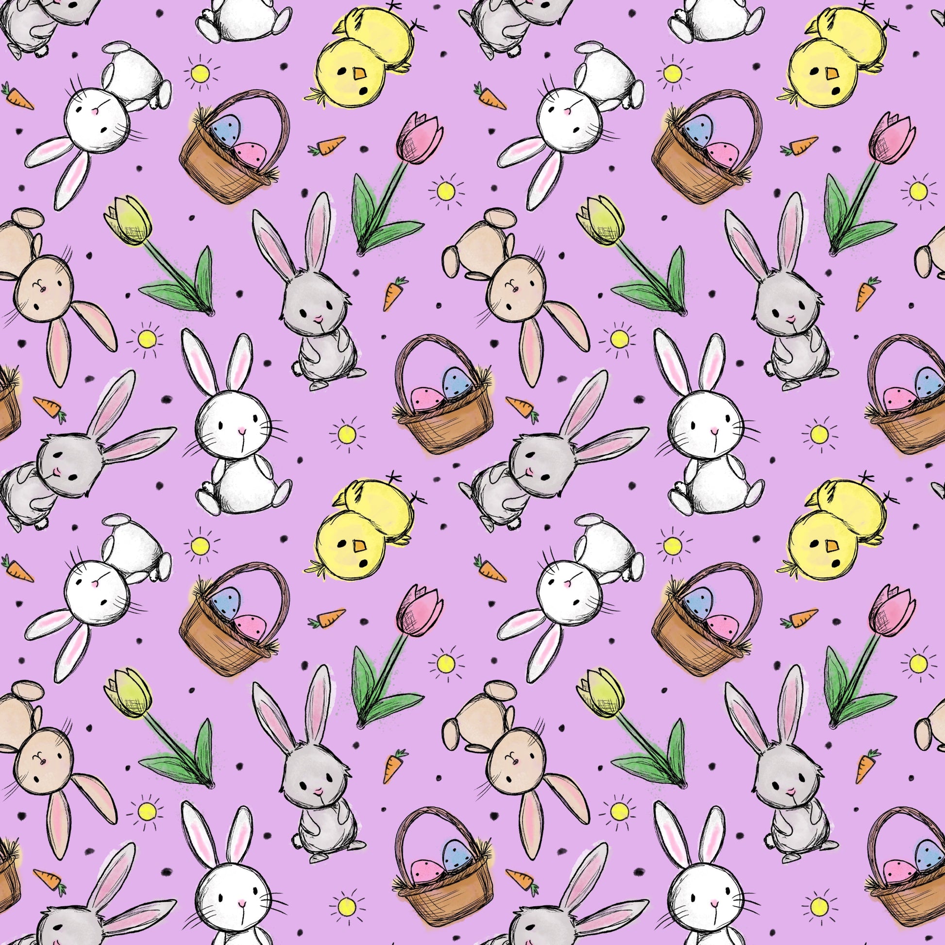 Hasenglück Lavendel Stoffmuster mit Osterhasen, Küken und Ostereiern auf lavendelfarbenem Hintergrund