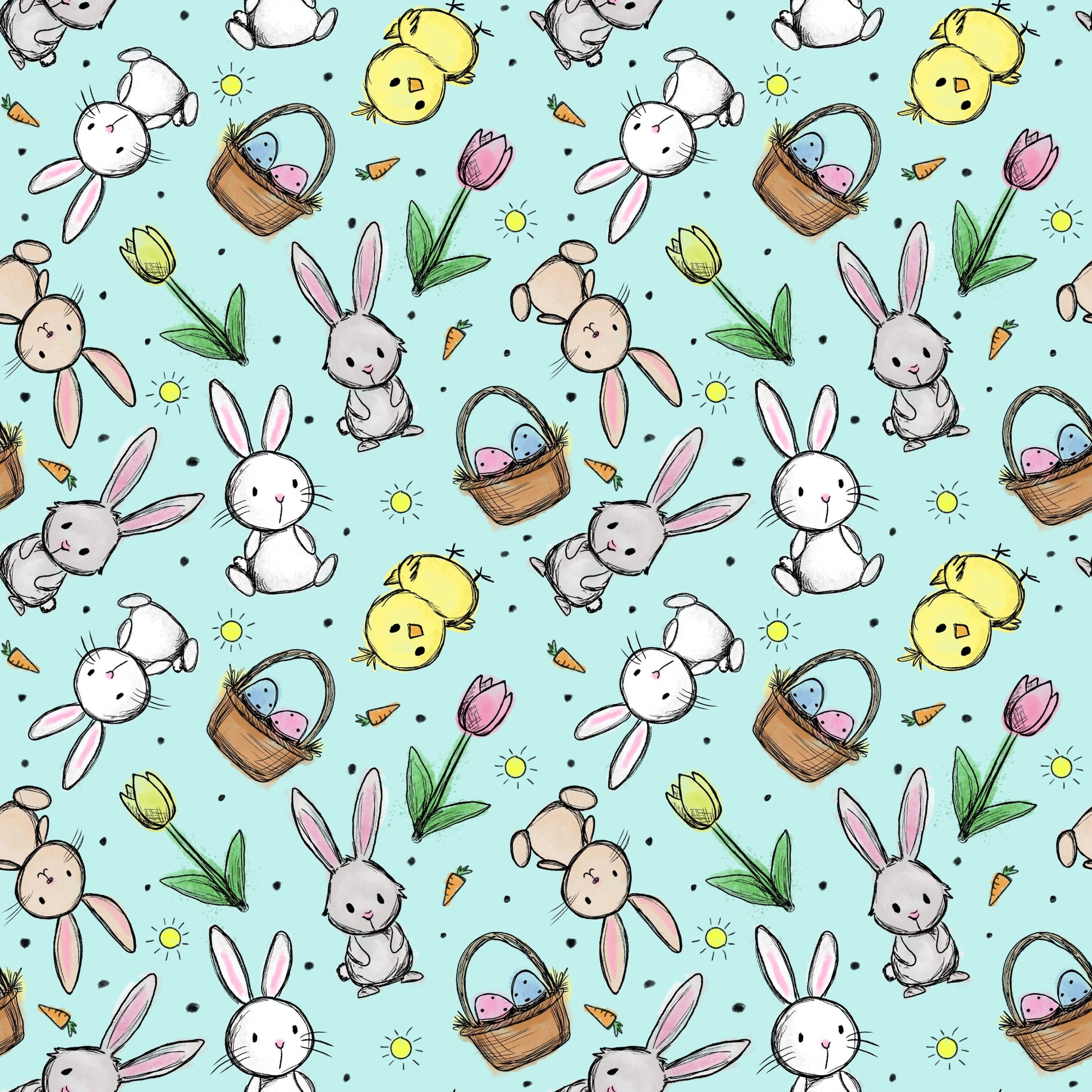 Hasenglück Mint Stoffmuster mit Osterhasen, Küken und Ostereiern auf mintfarbenem Hintergrund