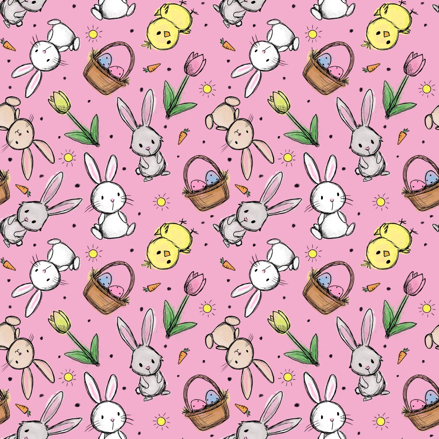 Hasenglück Rosé Stoffmuster mit Osterhasen, Küken und Ostereiern auf rosafarbenem Hintergrund