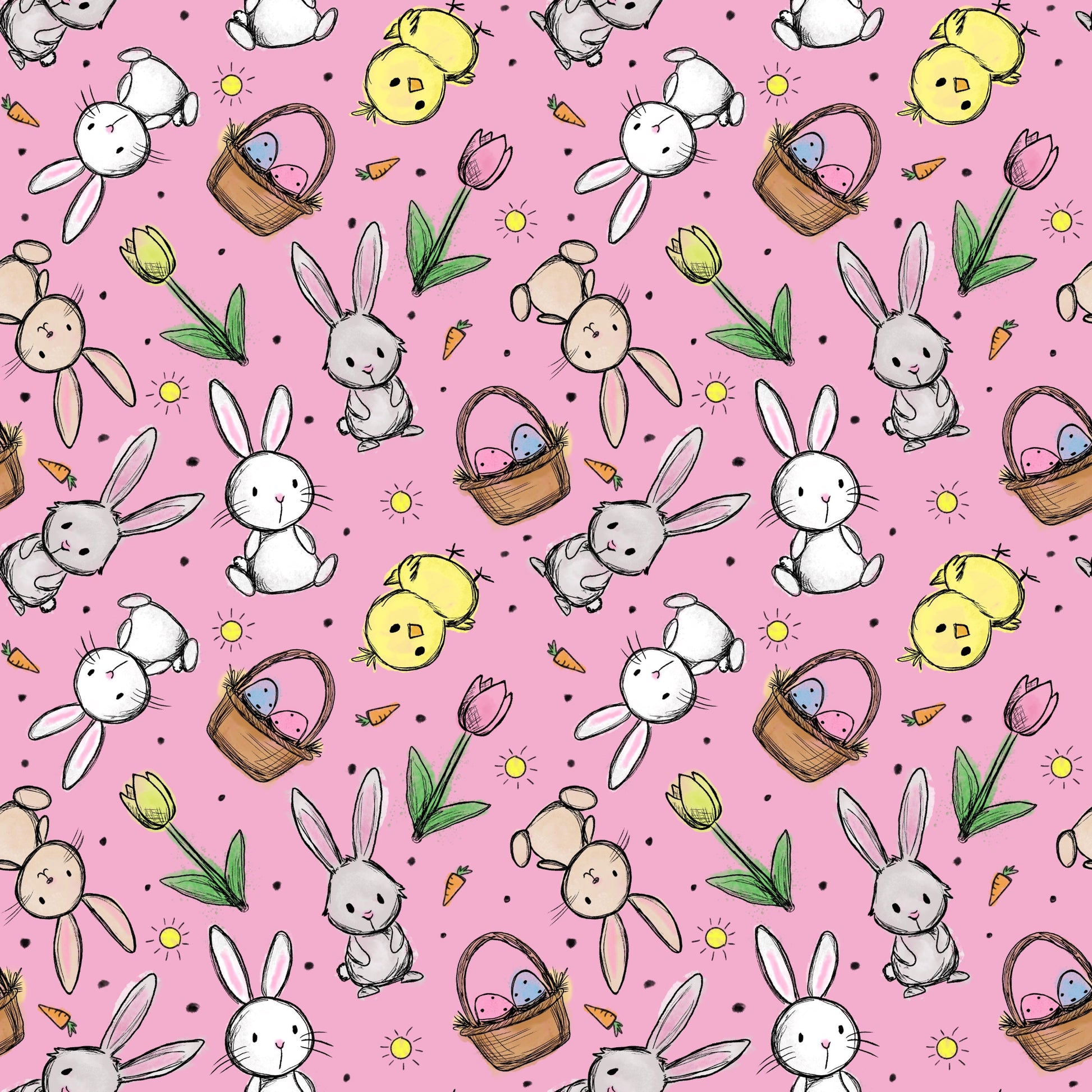 Hasenglück Rosé Stoffmuster mit Osterhasen, Küken und Ostereiern auf rosafarbenem Hintergrund