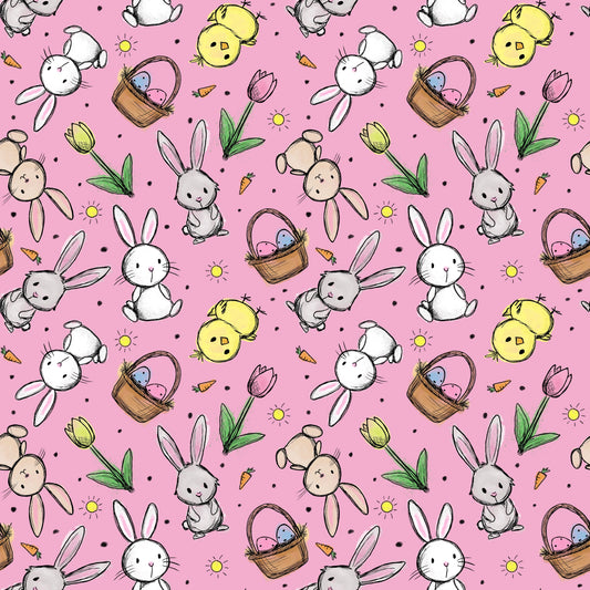 Hasenglück Rosé Stoffmuster mit Osterhasen, Küken und Ostereiern auf rosafarbenem Hintergrund