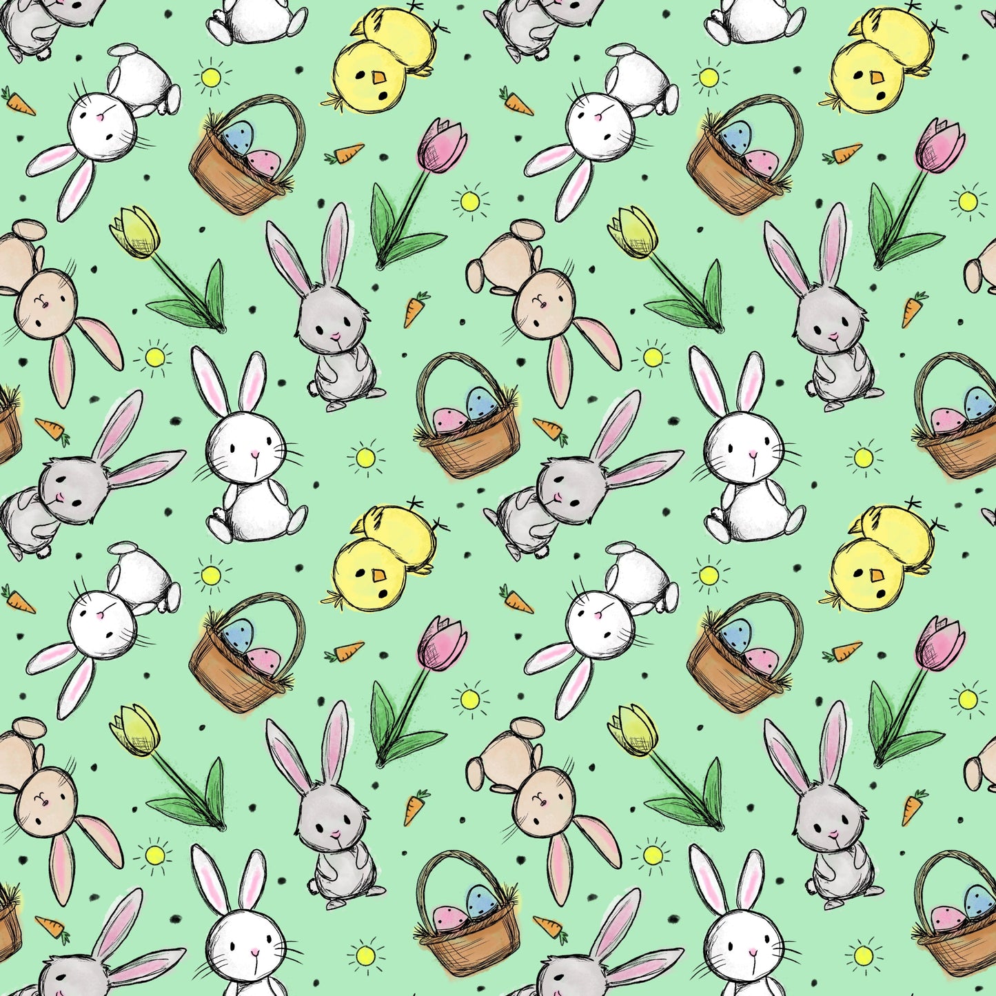 Hasenglück Salbei Stoffmuster mit Osterhasen, Küken und Ostereiern auf salbeigrünem Hintergrund