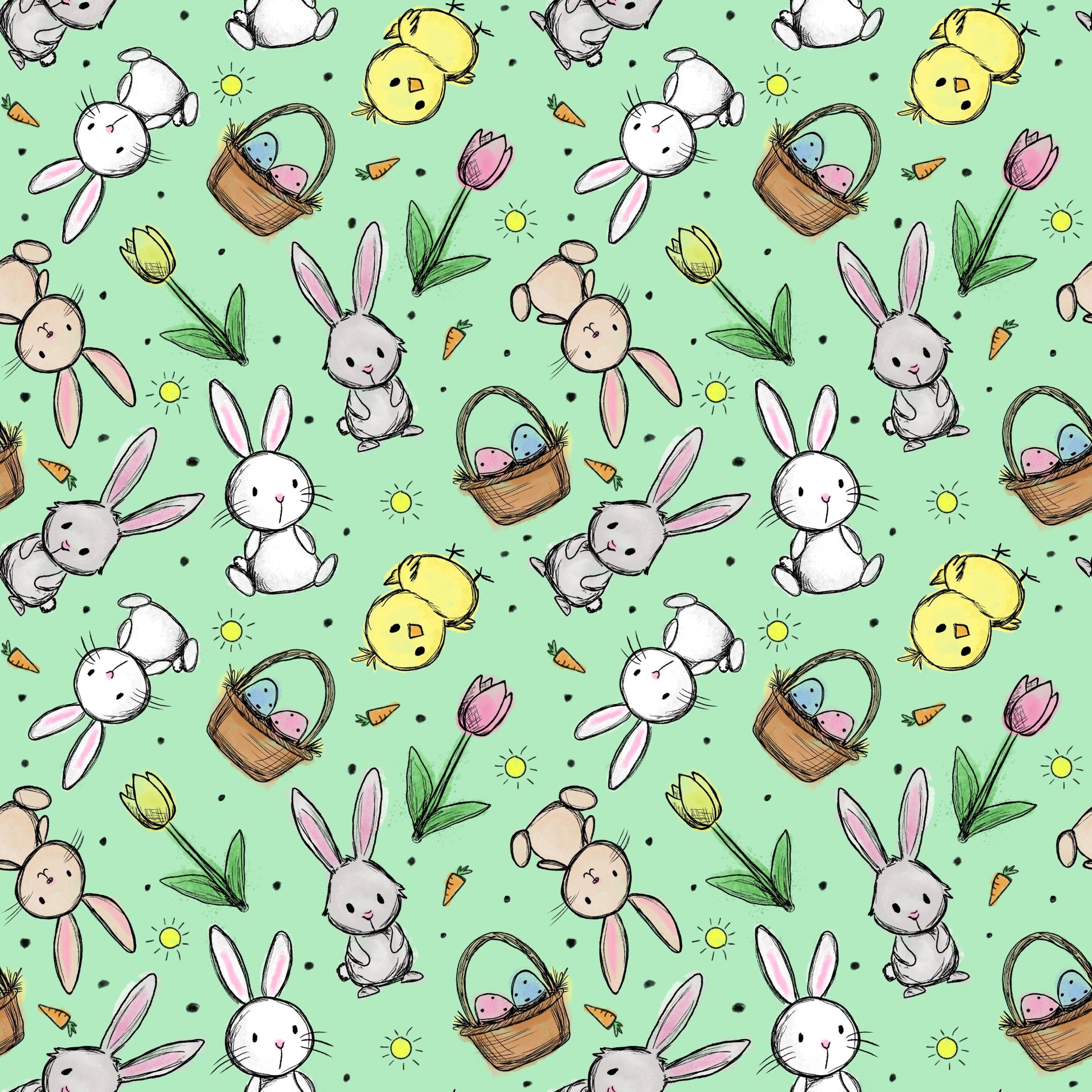 Hasenglück Salbei Stoffmuster mit Osterhasen, Küken und Ostereiern auf salbeigrünem Hintergrund