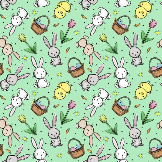 Hasenglück Salbei Stoffmuster mit Osterhasen, Küken und Ostereiern auf salbeigrünem Hintergrund