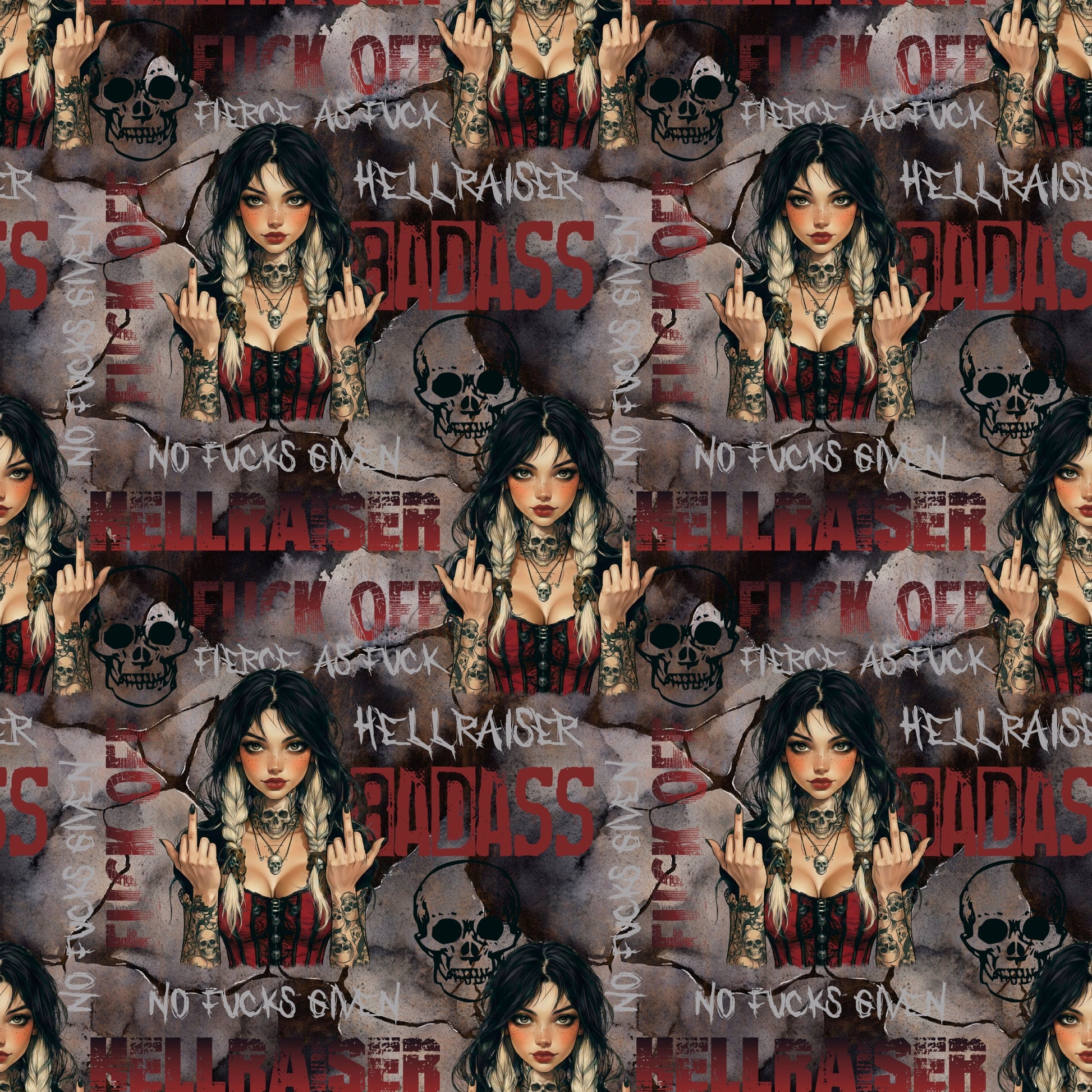 Hellraiser Girl Stoff mit tätowierter Frau, Totenköpfen und Graffiti-Schriftzügen auf dunklem Hintergrund, kombiniert mit uni Stoff in Taupe.